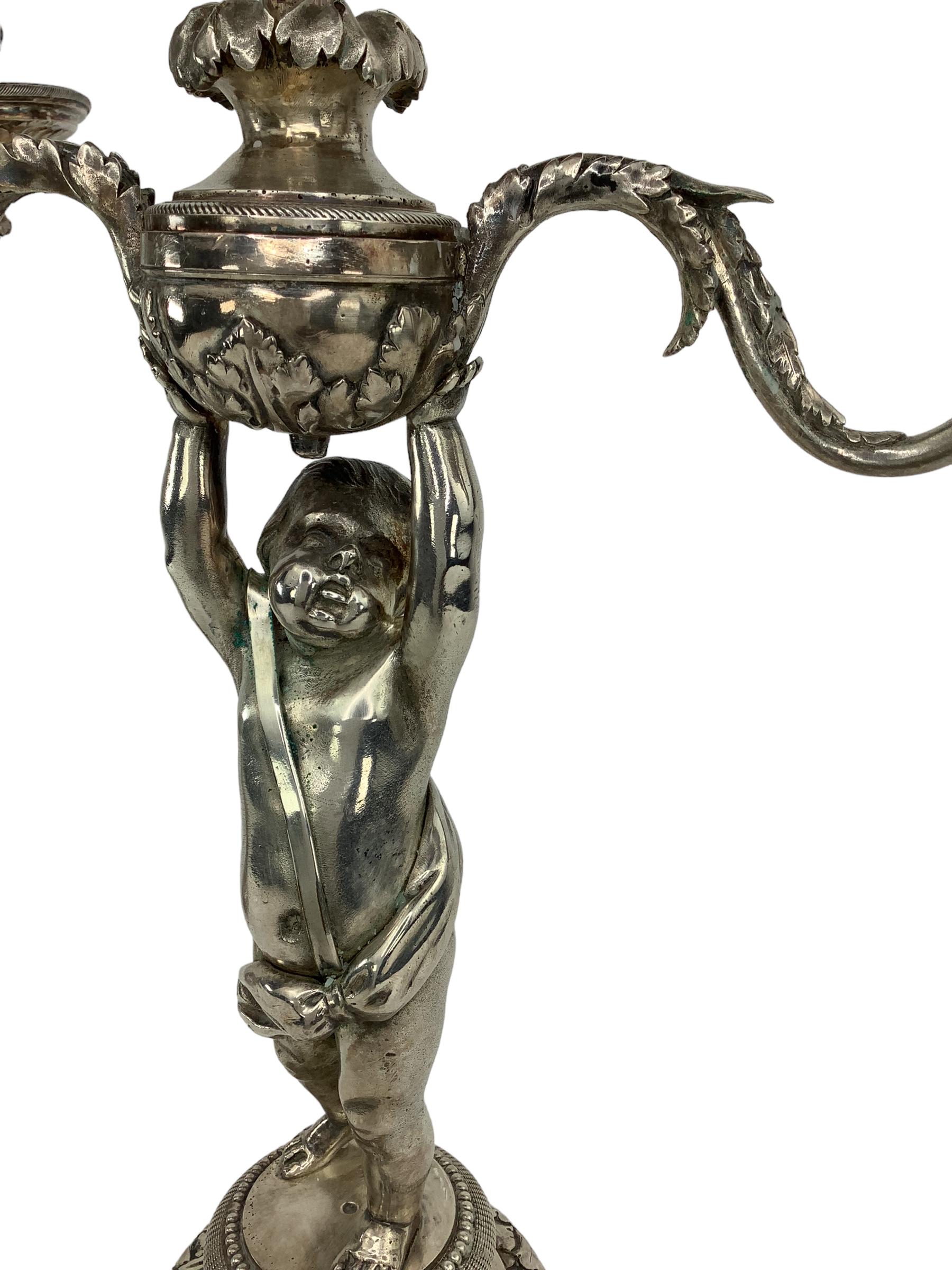 Pair of 19th C Silvered Bronze Putti Candelabras  In Good Condition For Sale In Chapel Hill, NC