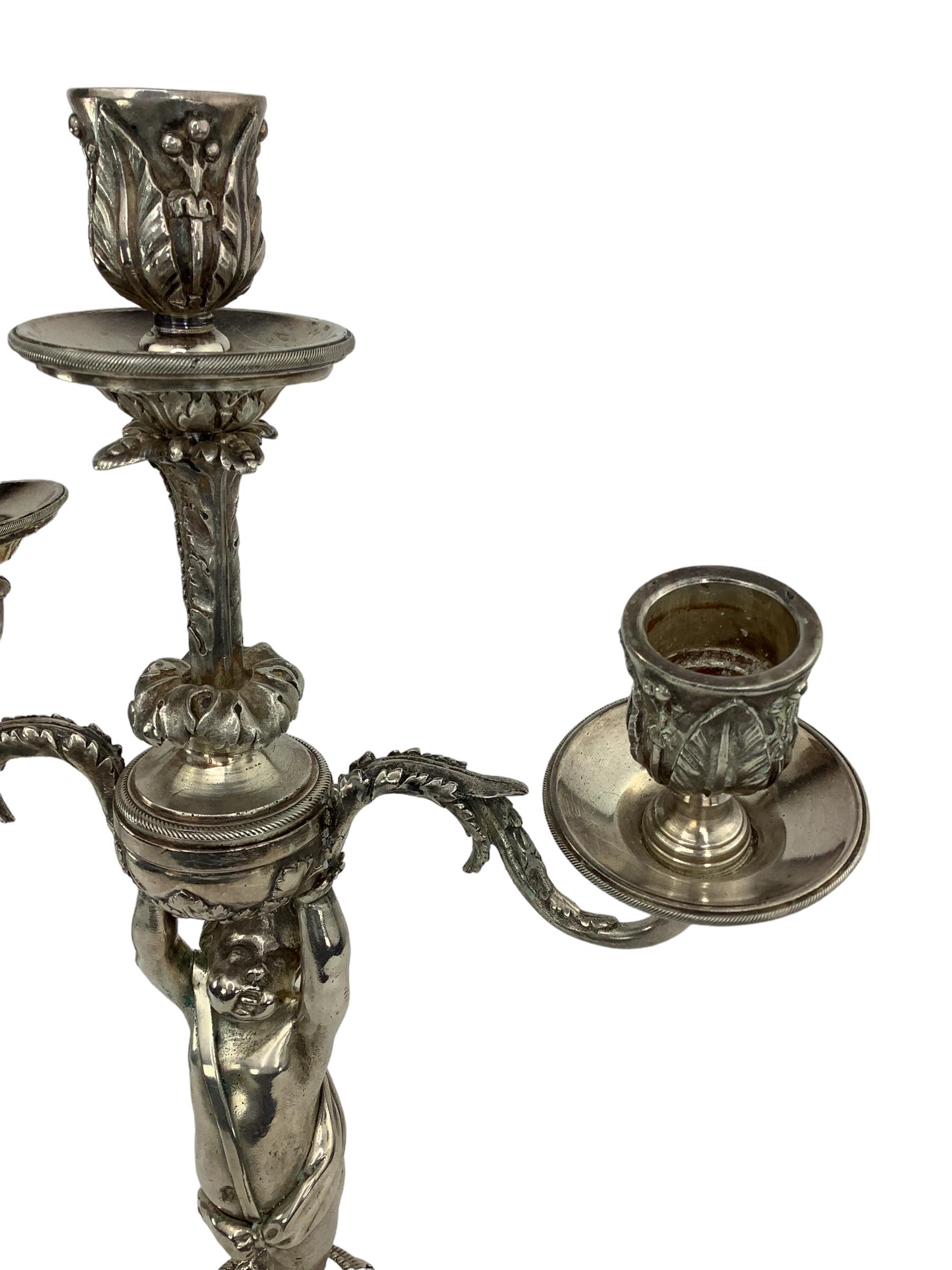 19th Century Pair of 19th C Silvered Bronze Putti Candelabras  For Sale