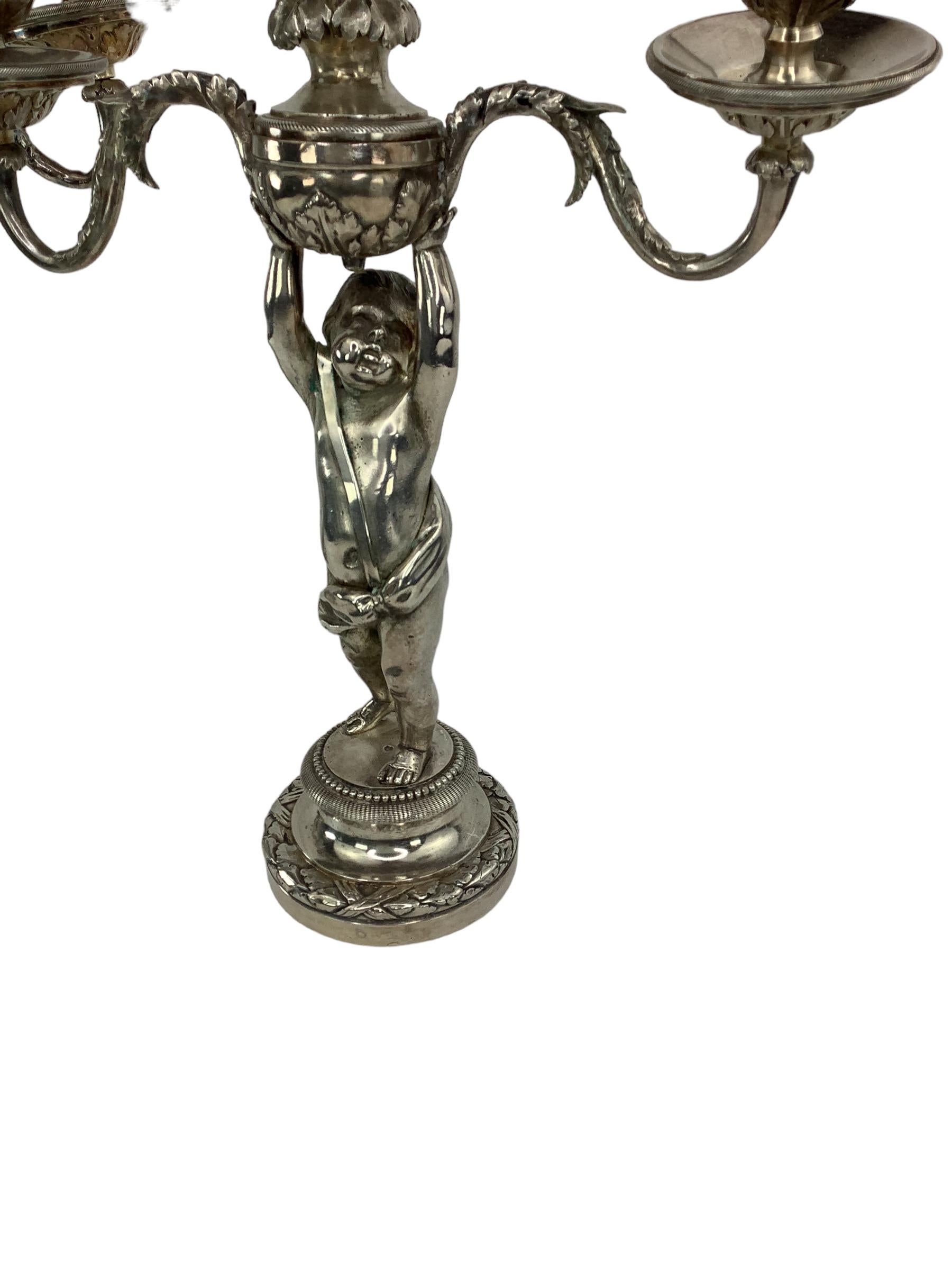 Pair of 19th C Silvered Bronze Putti Candelabras  For Sale 2