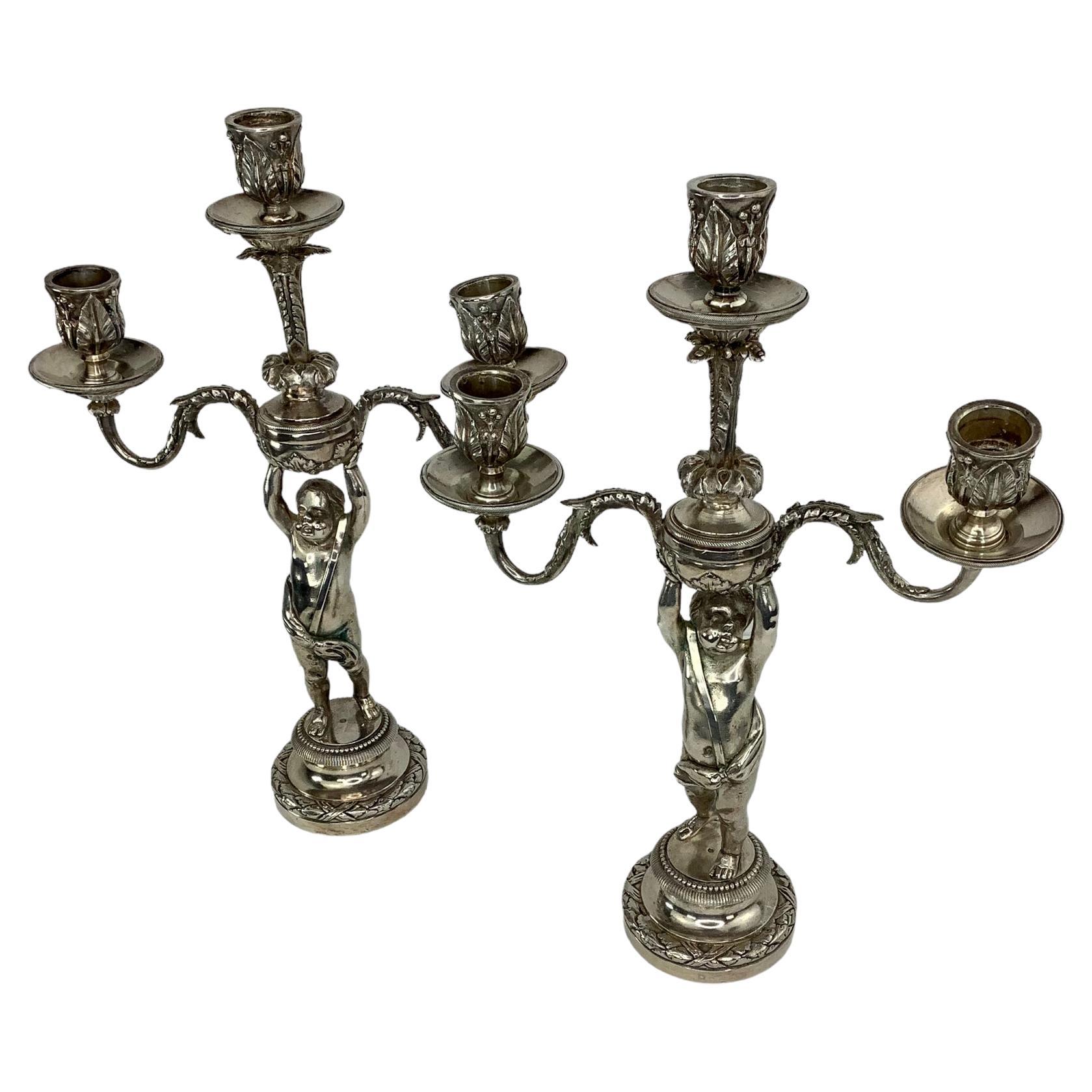 Pair of 19th C Silvered Bronze Putti Candelabras  For Sale