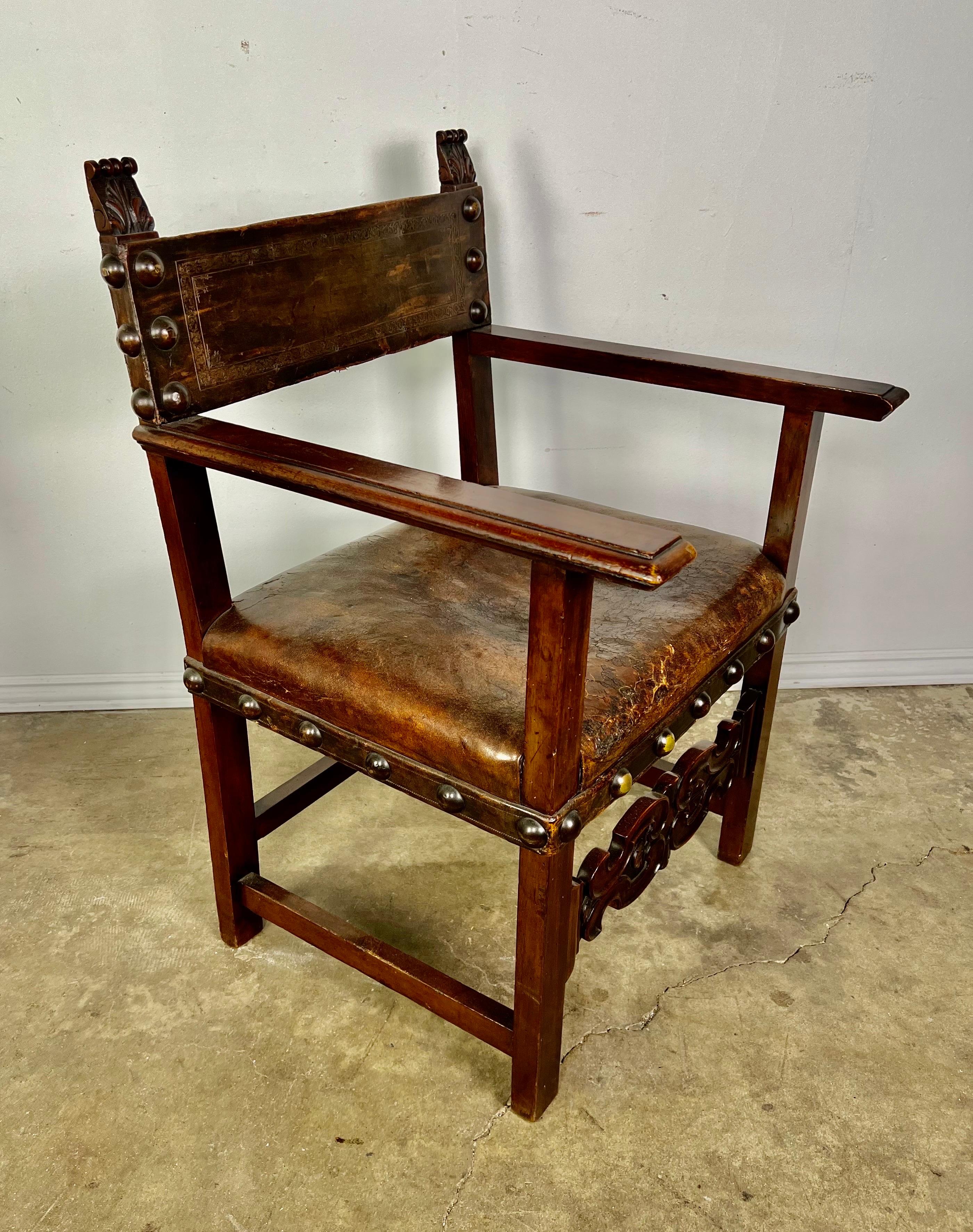 Pair of 19th C. Spanish Leather Armchairs 5