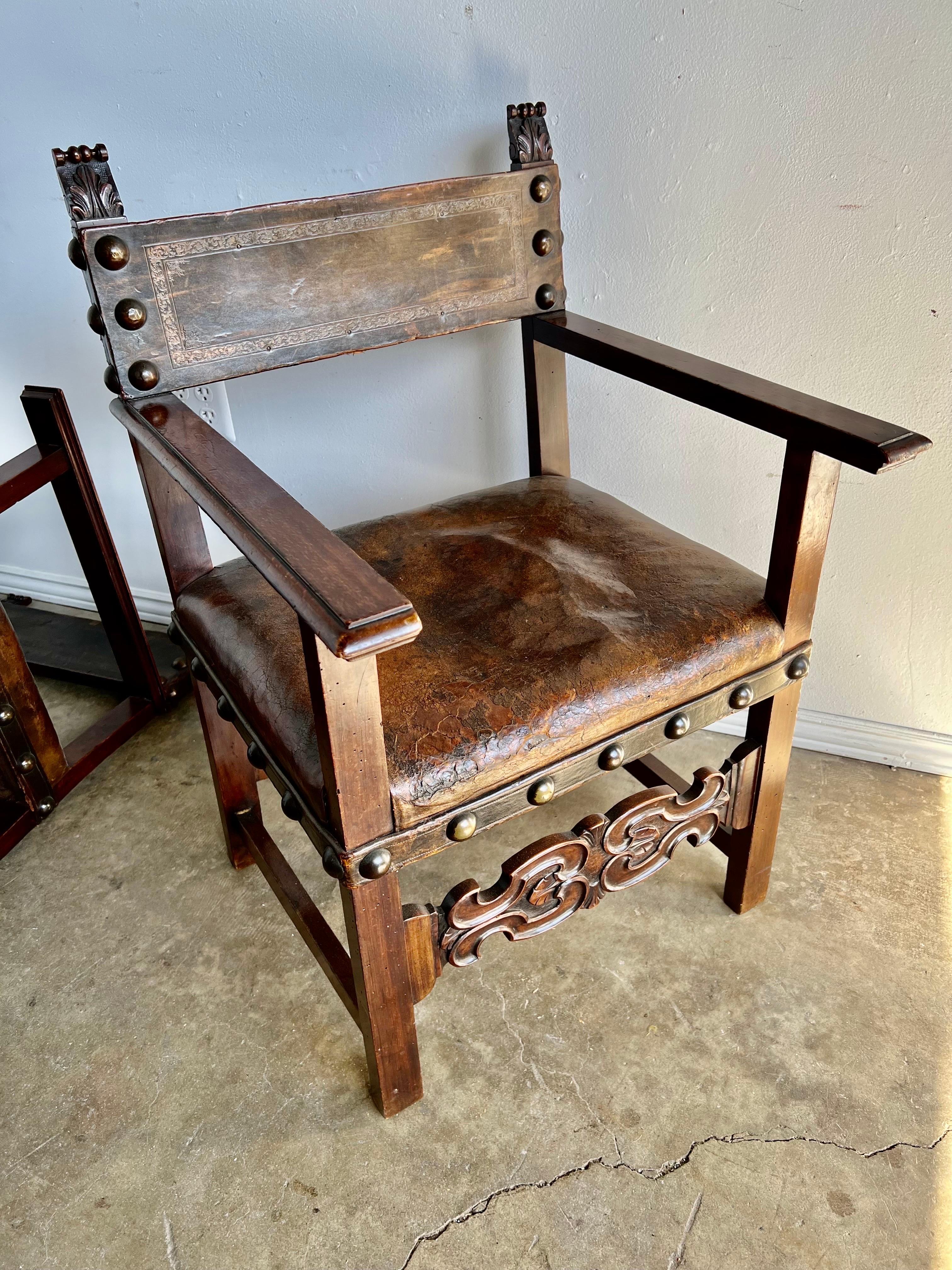 Pair of 19th C. Spanish Leather Armchairs 12