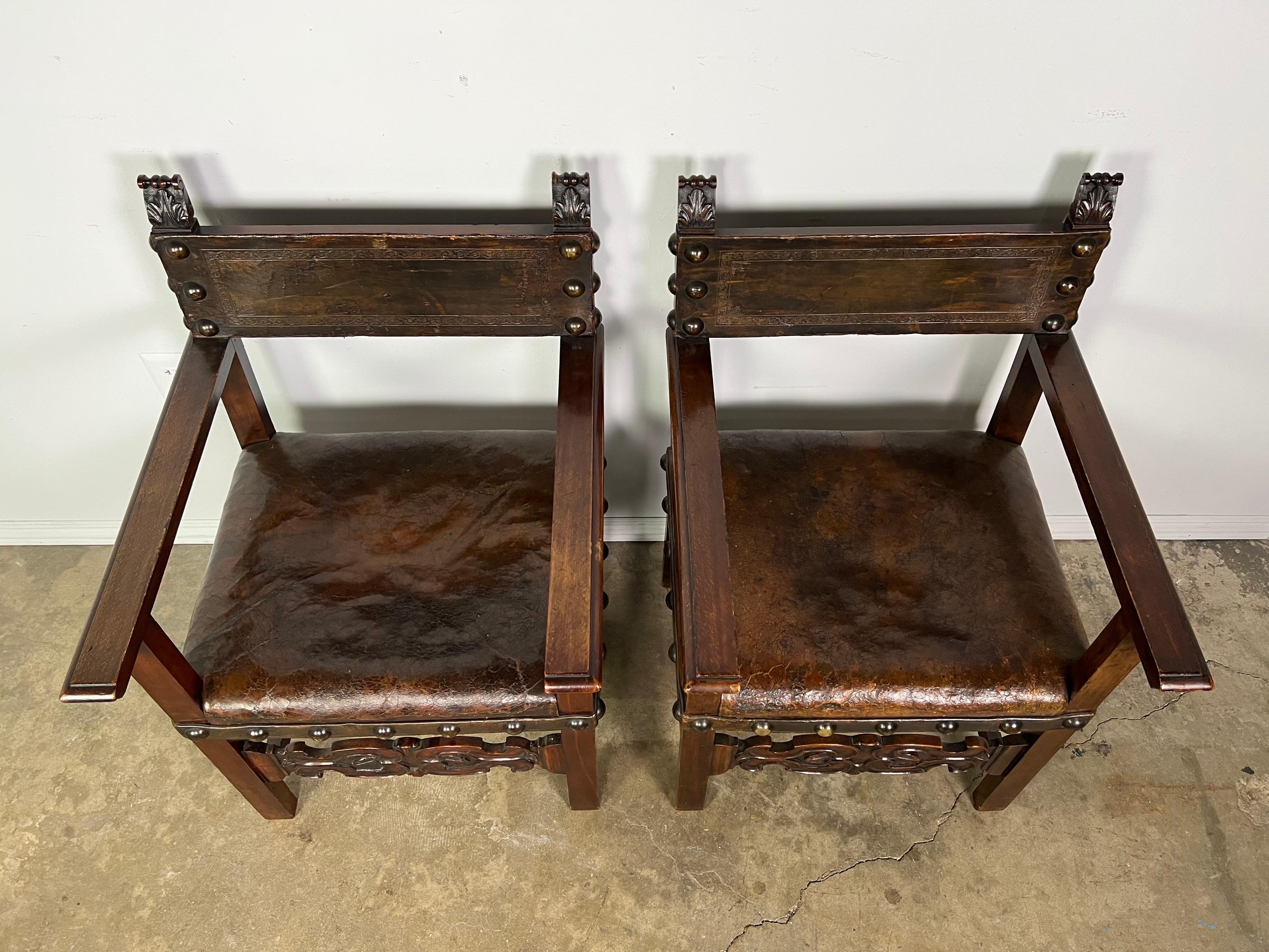 Baroque Pair of 19th C. Spanish Leather Armchairs