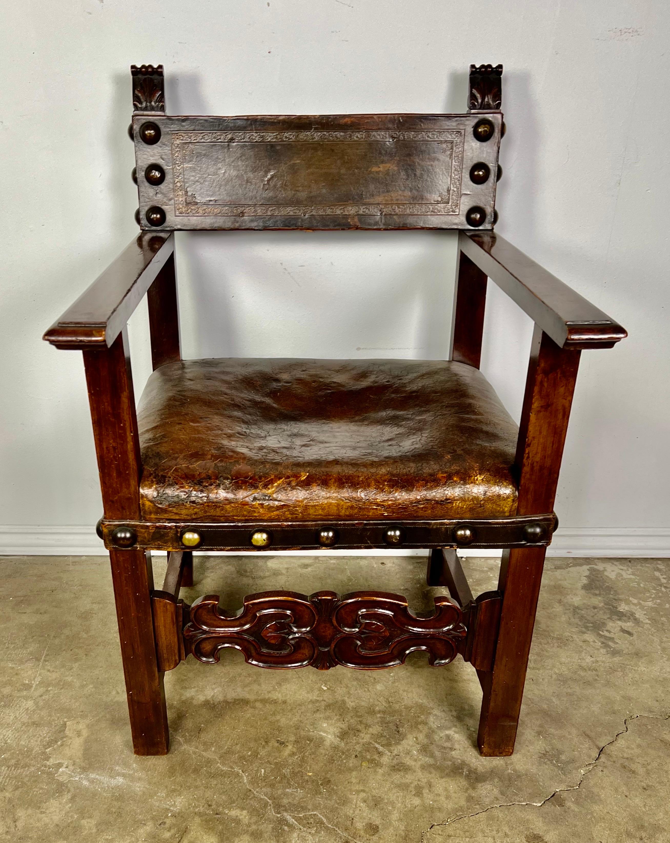 Pair of 19th C. Spanish Leather Armchairs 3