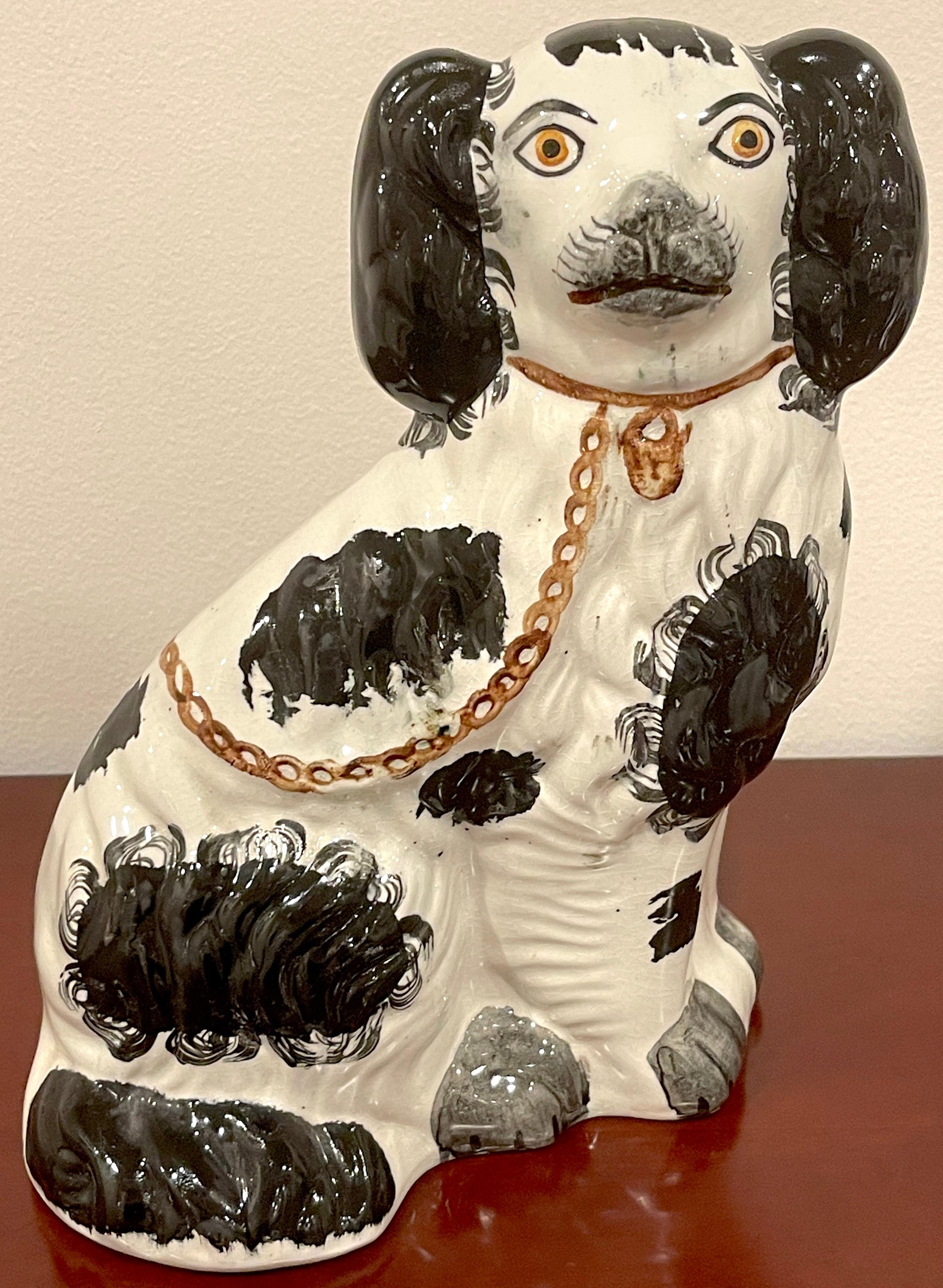 Pair of 19th C Staffordshire Black & White Spaniels In Good Condition In West Palm Beach, FL