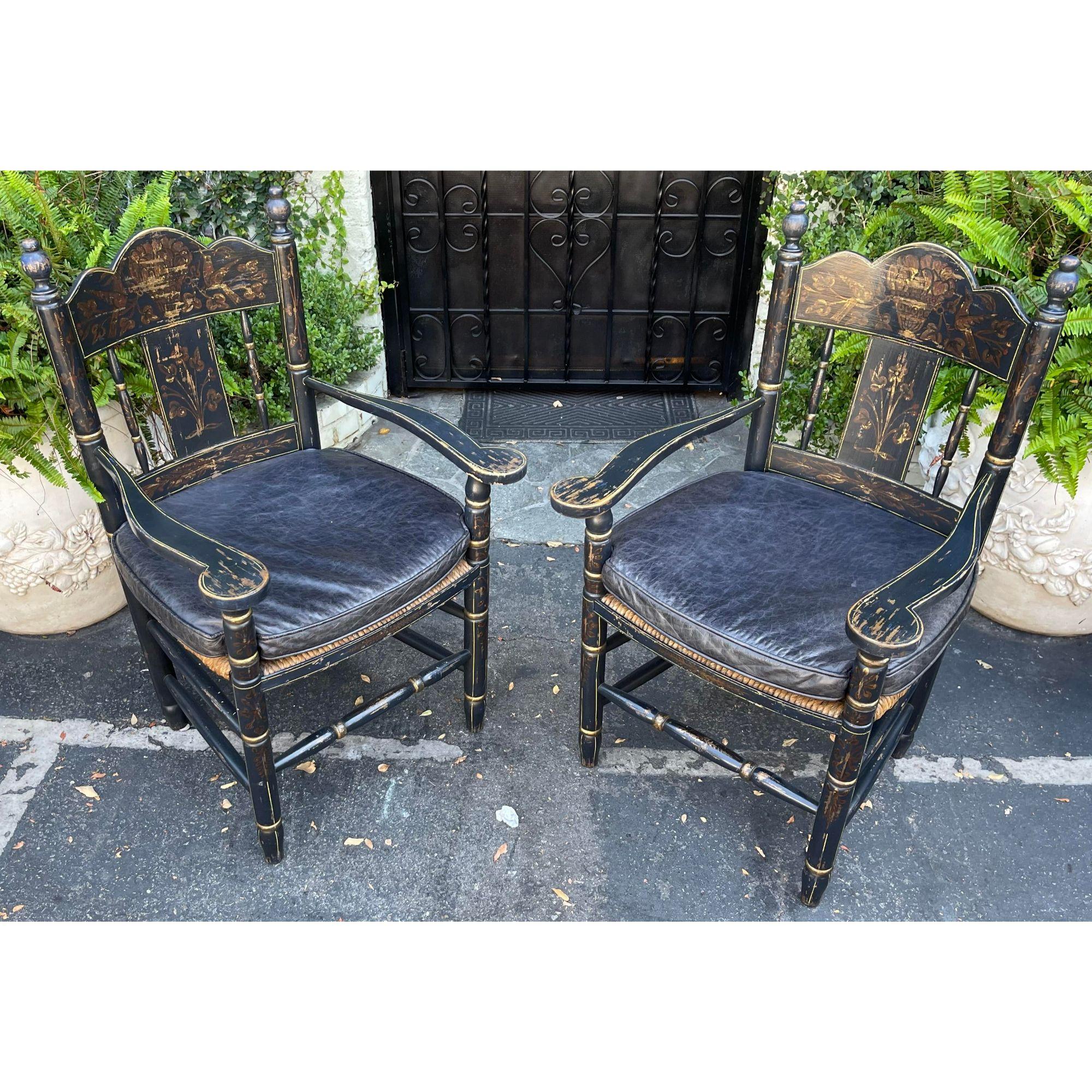 19th Century style black & gold Chinoiserie rush seat French Country arm chairs. Each feature if original rush seats and custom made leather box cushions

Additional information: 
Materials: Gold, rush
Color: Black
Period: Mid-20th