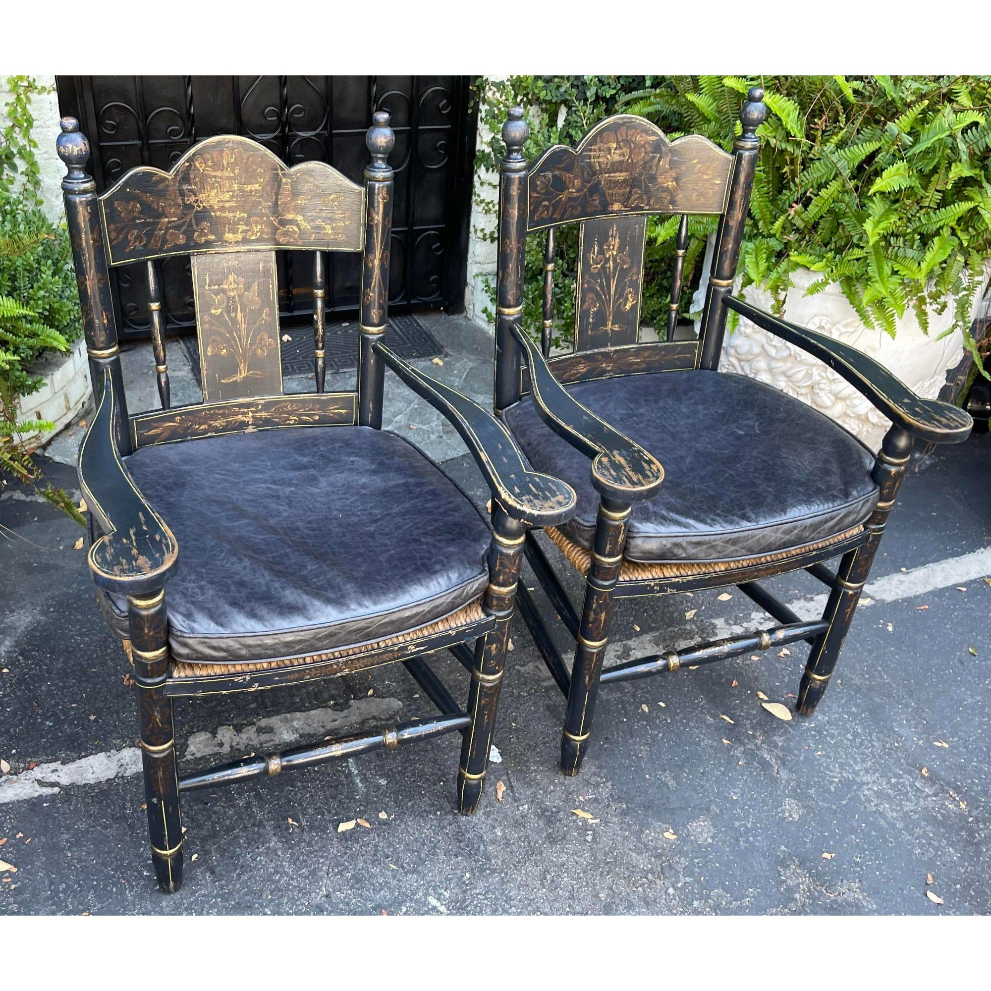 Pair of 19th C Style Black & Gold Chinoiserie Rush Seat French Country Arm Chair In Good Condition In LOS ANGELES, CA