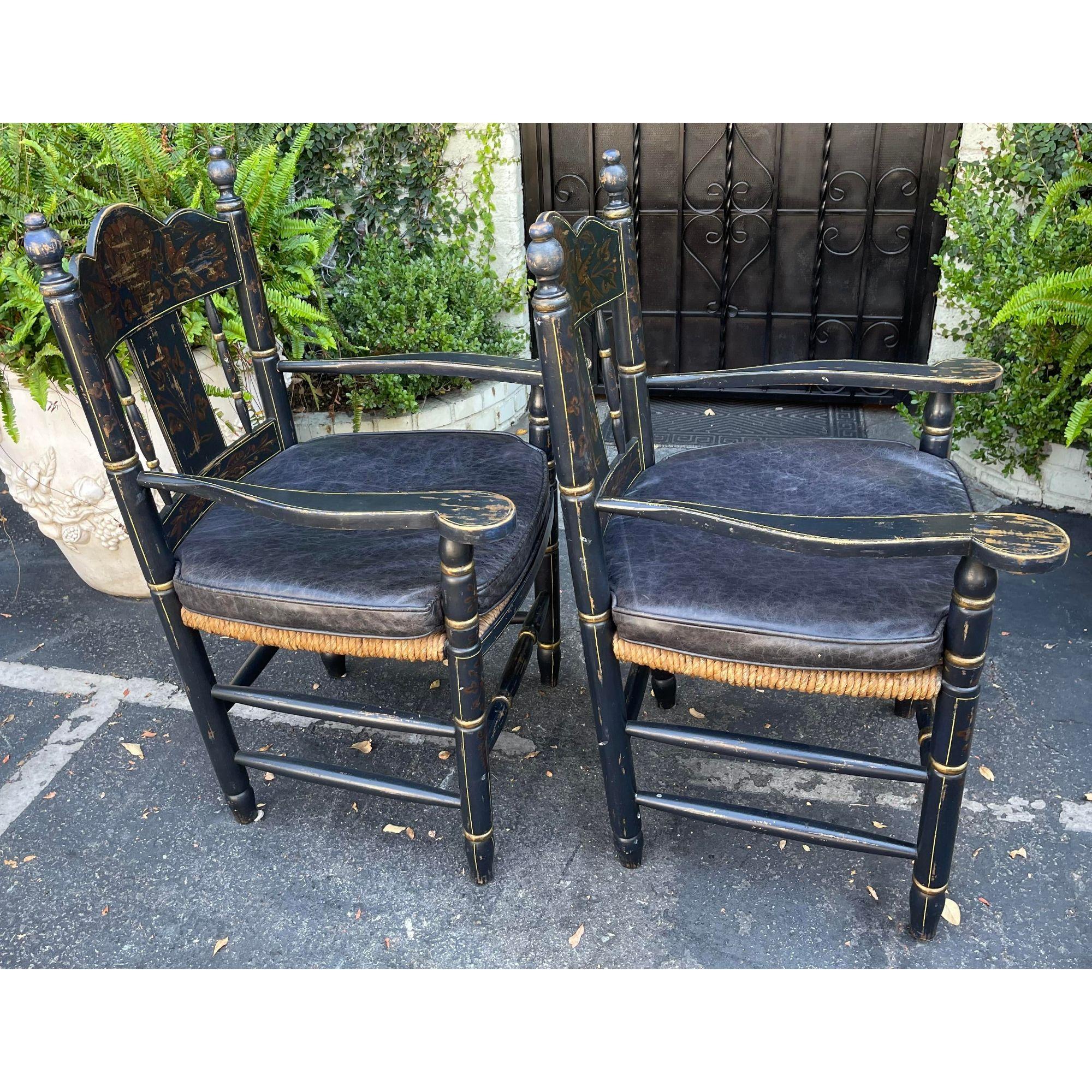 20th Century Pair of 19th C Style Black & Gold Chinoiserie Rush Seat French Country Arm Chair