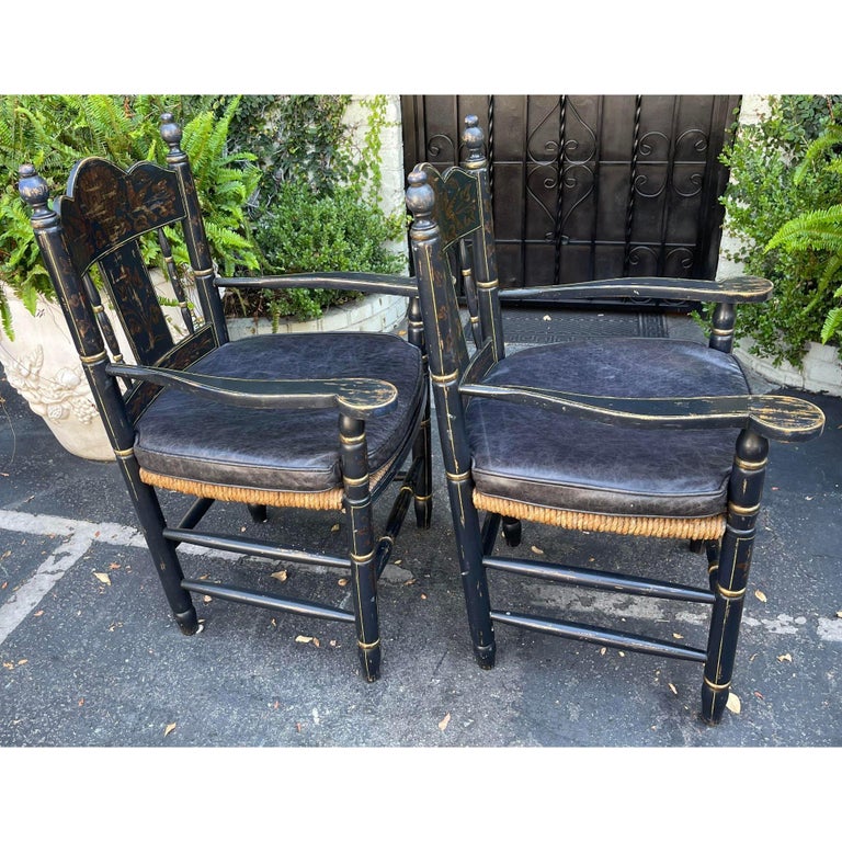 Pair of 19th C Style Black and Gold Chinoiserie Rush Seat French Country Arm Chair For Sale at