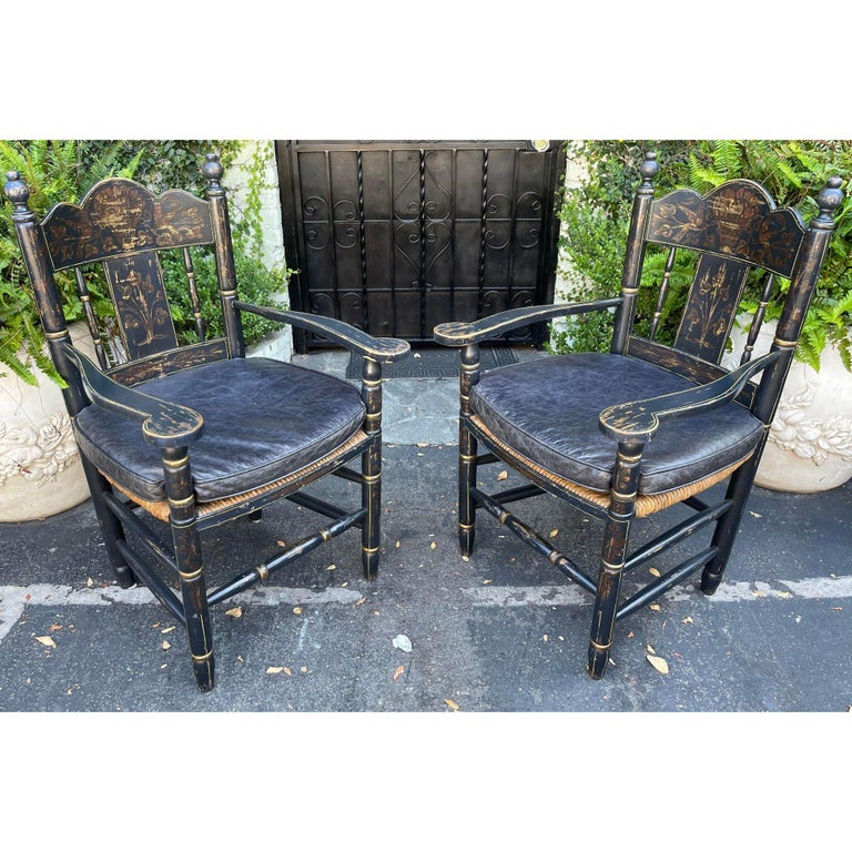 Pair of 19th C Style Black and Gold Chinoiserie Rush Seat French Country Arm Chair For Sale at