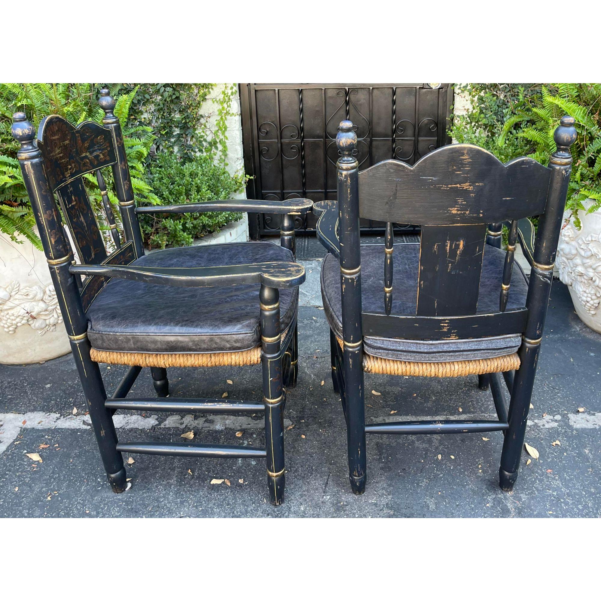 Pair of 19th C Style Black & Gold Chinoiserie Rush Seat French Country Arm Chair 2