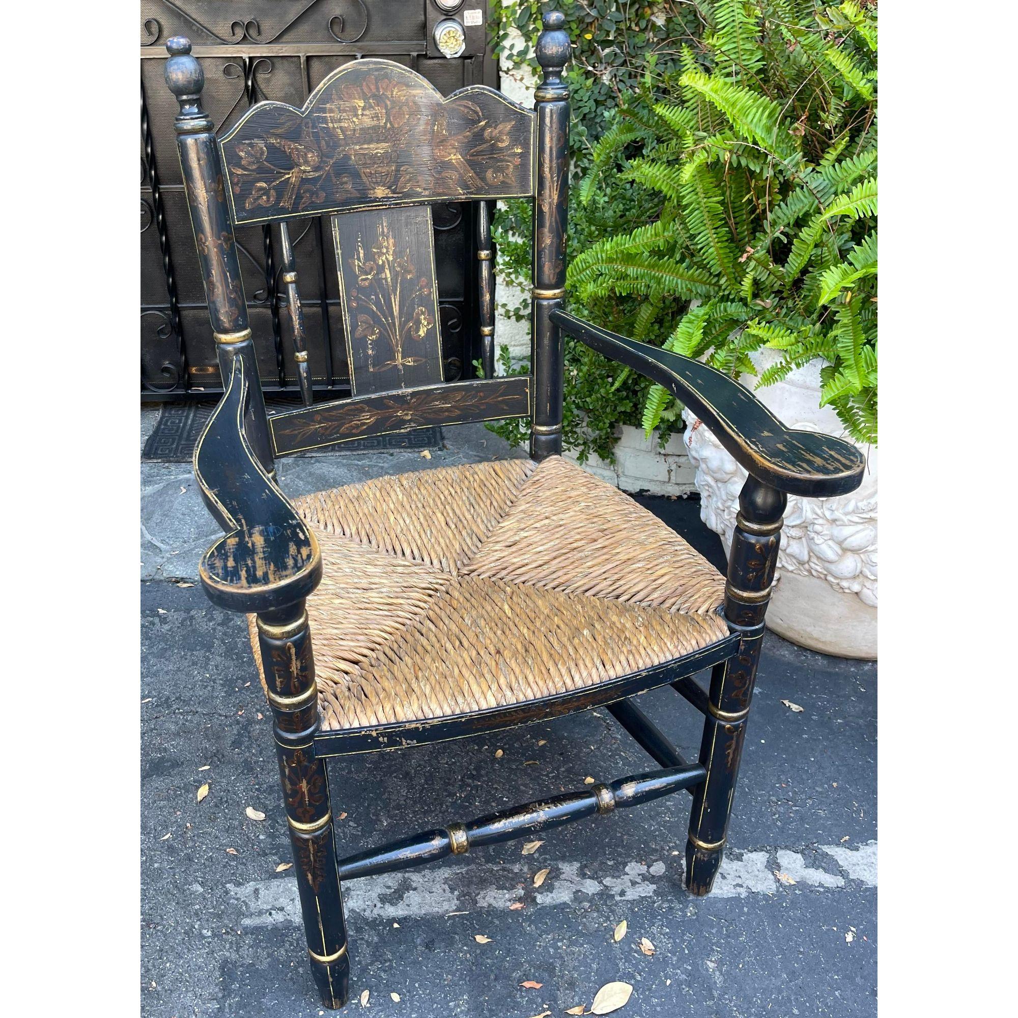 Pair of 19th C Style Black & Gold Chinoiserie Rush Seat French Country Arm Chair 3