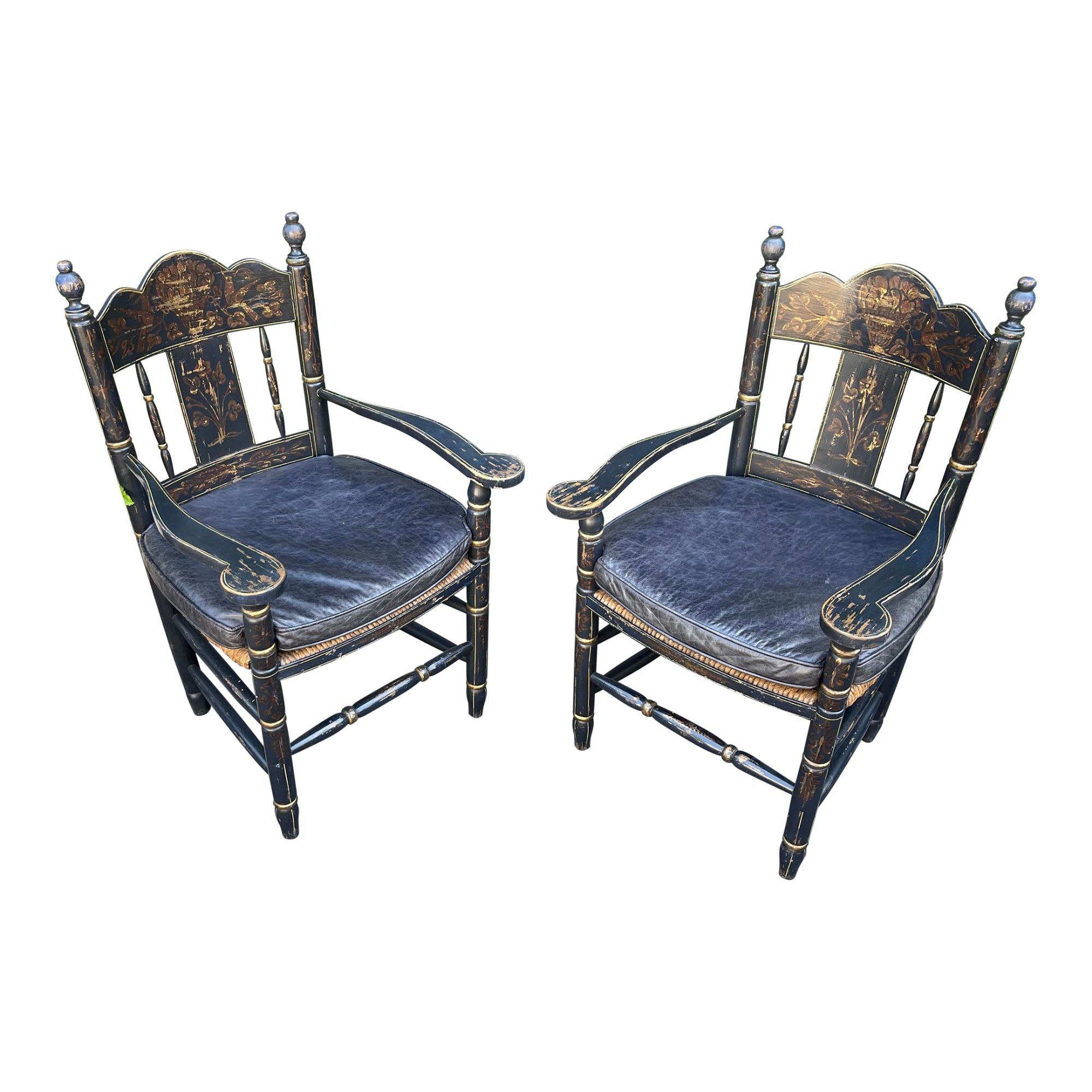 Pair of 19th C Style Black & Gold Chinoiserie Rush Seat French Country Arm Chair