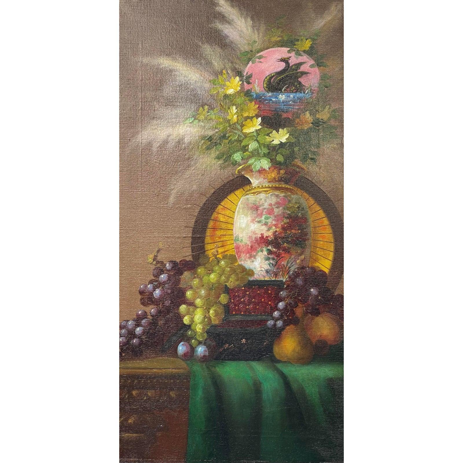 Pair of 19th C style Chinoiserie still life oil paintings. Each depicts a classic still life with flowers in a fine porcelain vase and an unusual Oriental dragon and a stork above.

Additional information:
Materials: Canvas, Giltwood, Oil
