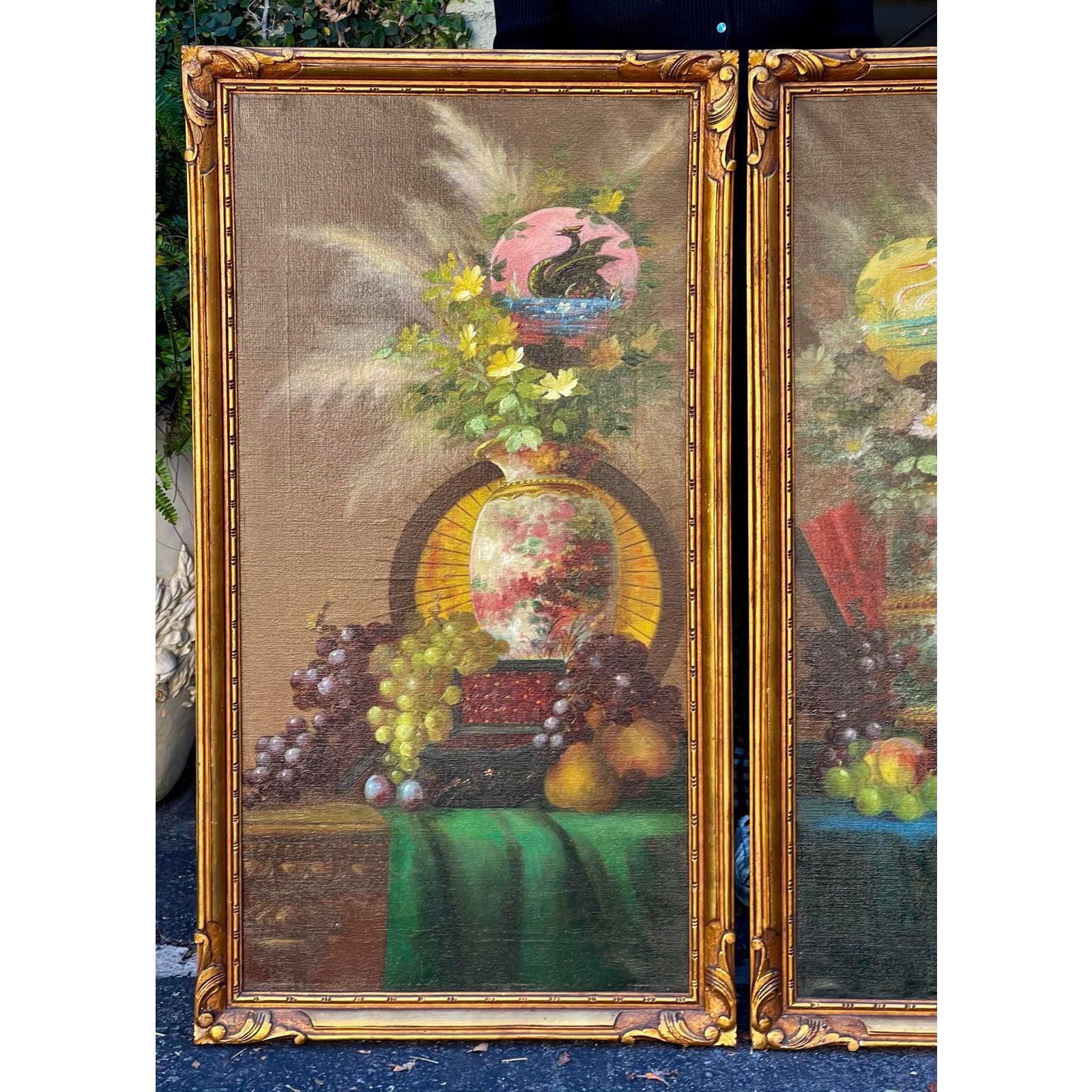 20th Century Pair of 19th C Style Chinoiserie Still Life Oil Paintings