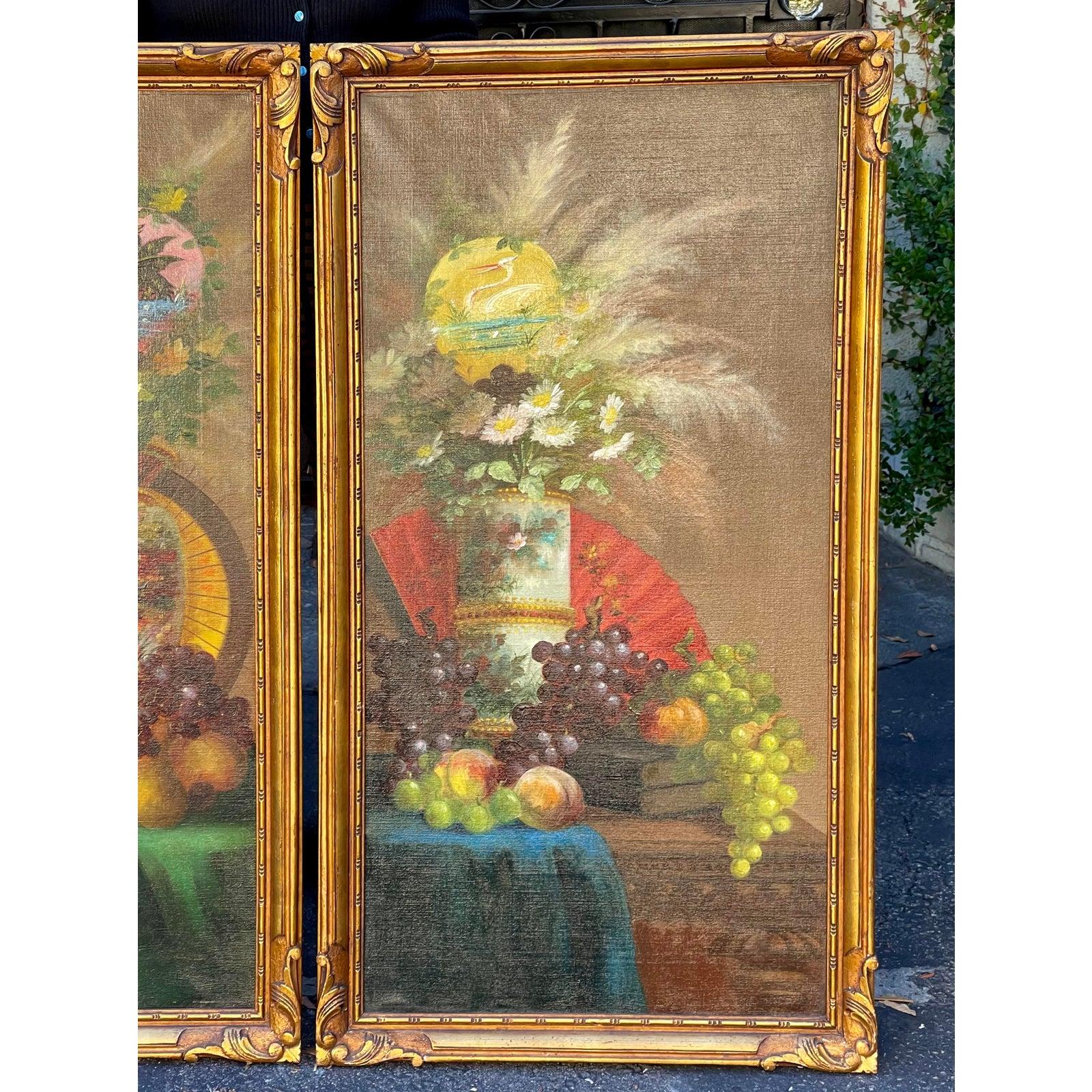 Canvas Pair of 19th C Style Chinoiserie Still Life Oil Paintings