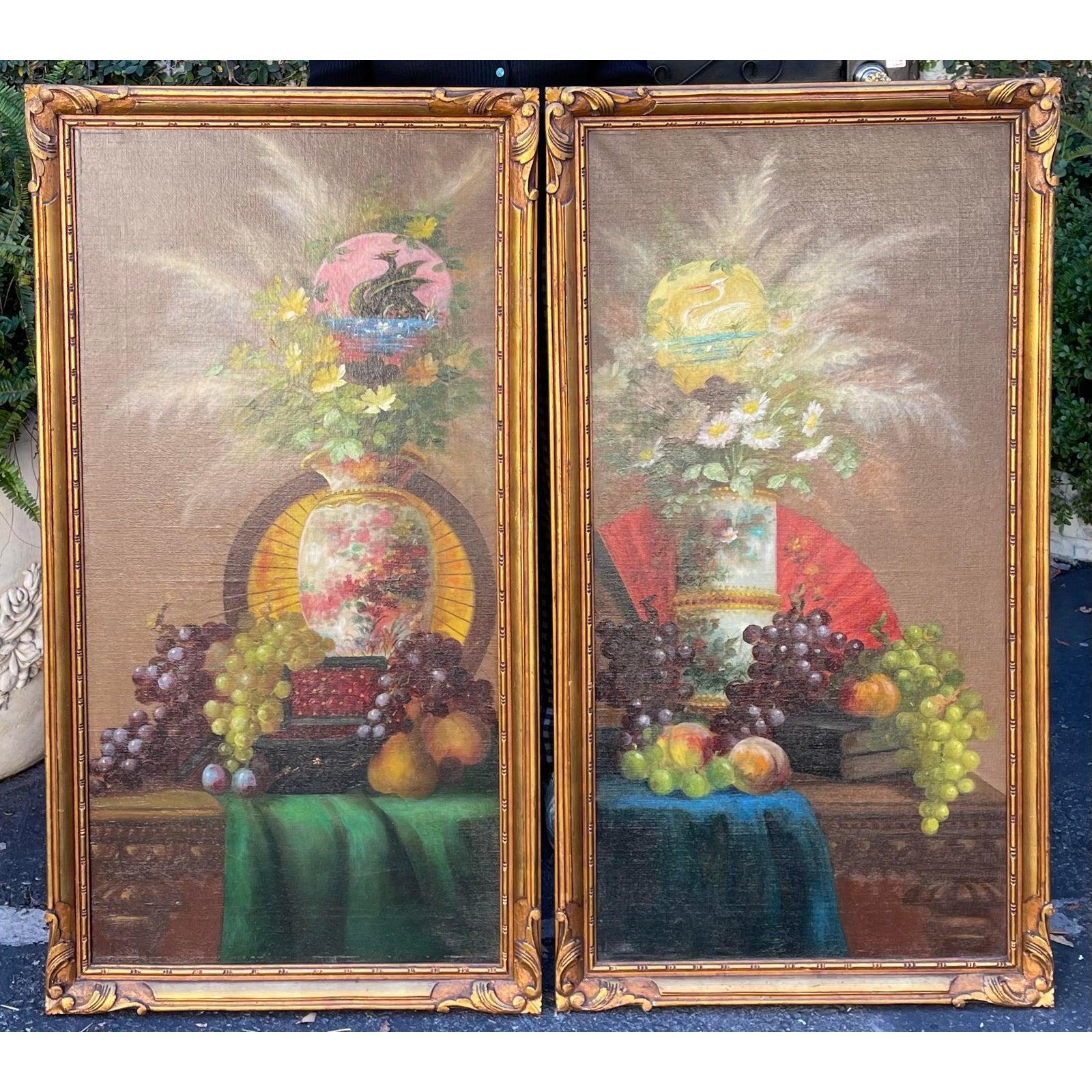 Pair of 19th C Style Chinoiserie Still Life Oil Paintings 1