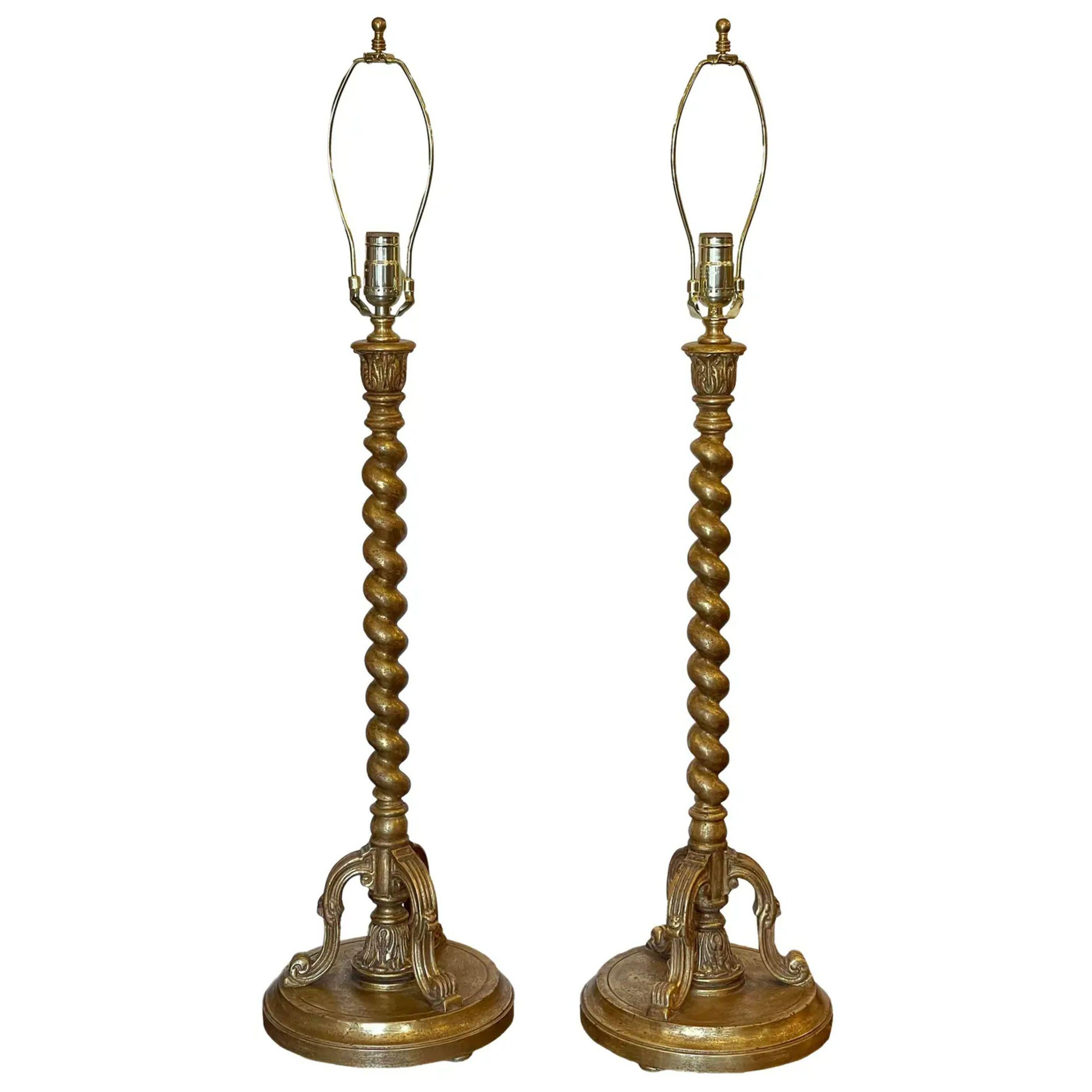 Coppia di lampade da tavolo in corda veneziana in legno dorato del XIX secolo di Randy Esada Designs