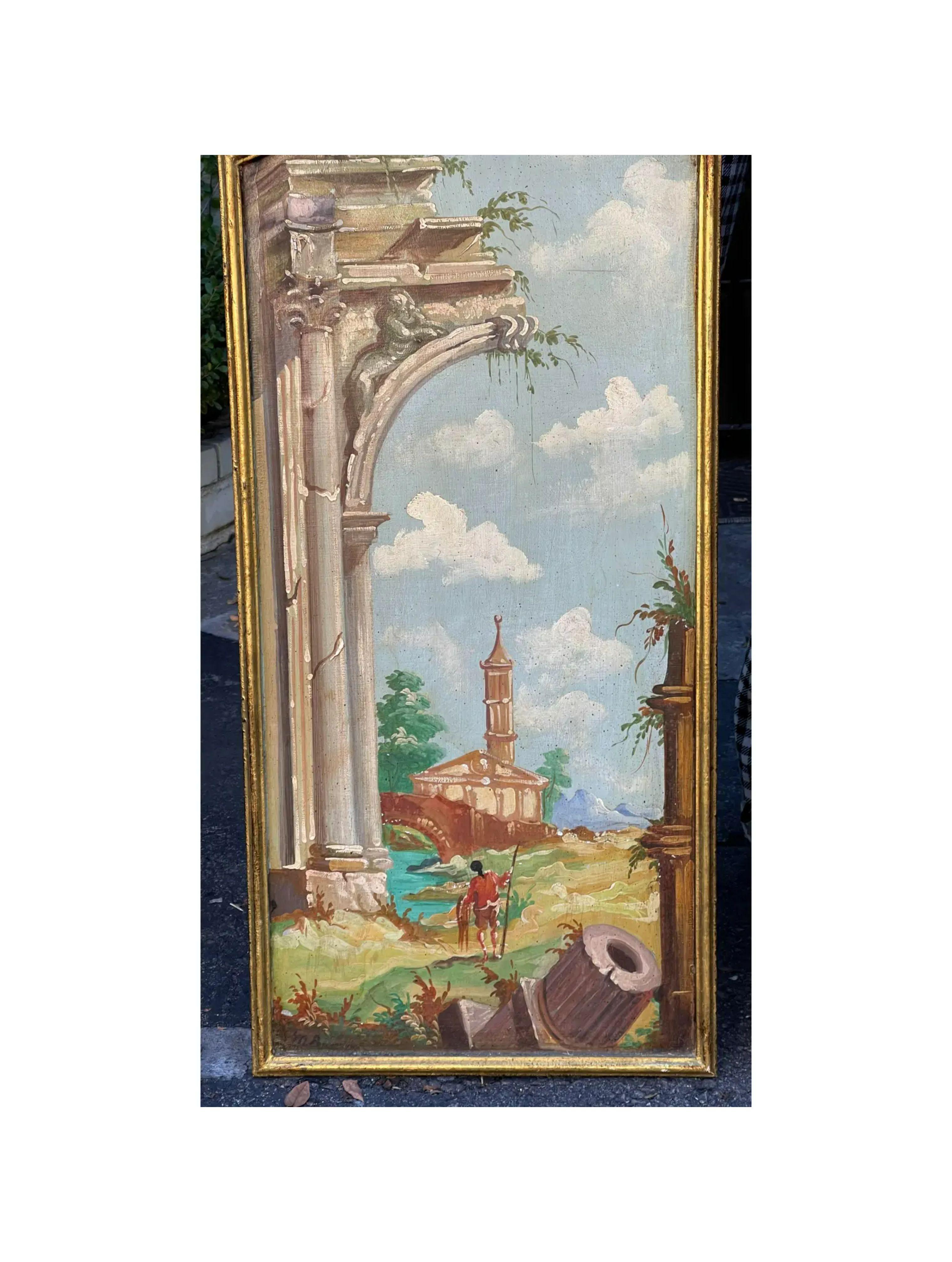 Pair of 19th Century Style Italian Architectural Landscape Paintings In Good Condition In LOS ANGELES, CA