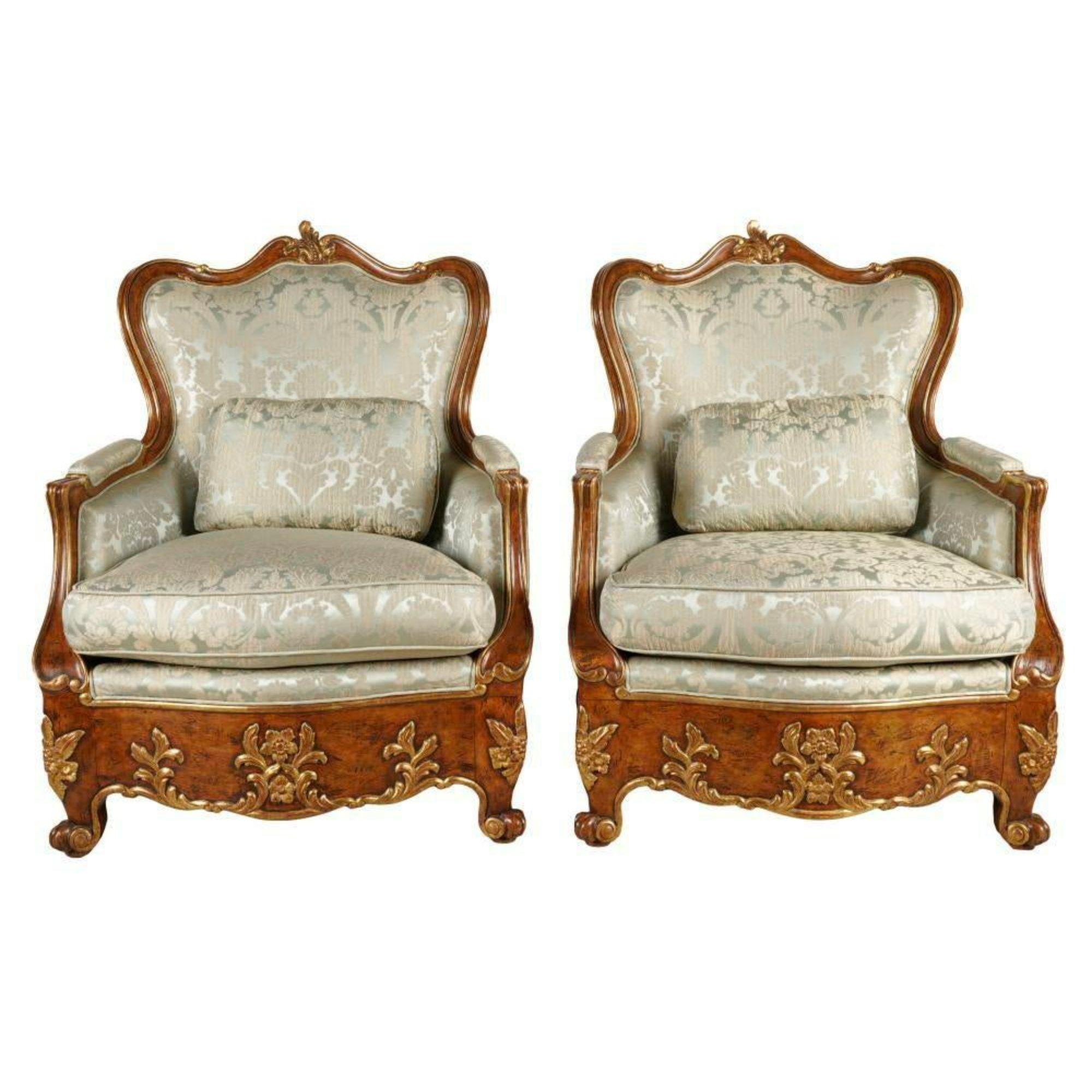 Pair of 19th c style Italian Charles Pollock for William Switzer bergere chairs. These are called the medeci chair by Charles Pollock. Each upholstered in silk damask and feature super comfortable down cushions

Additional information: