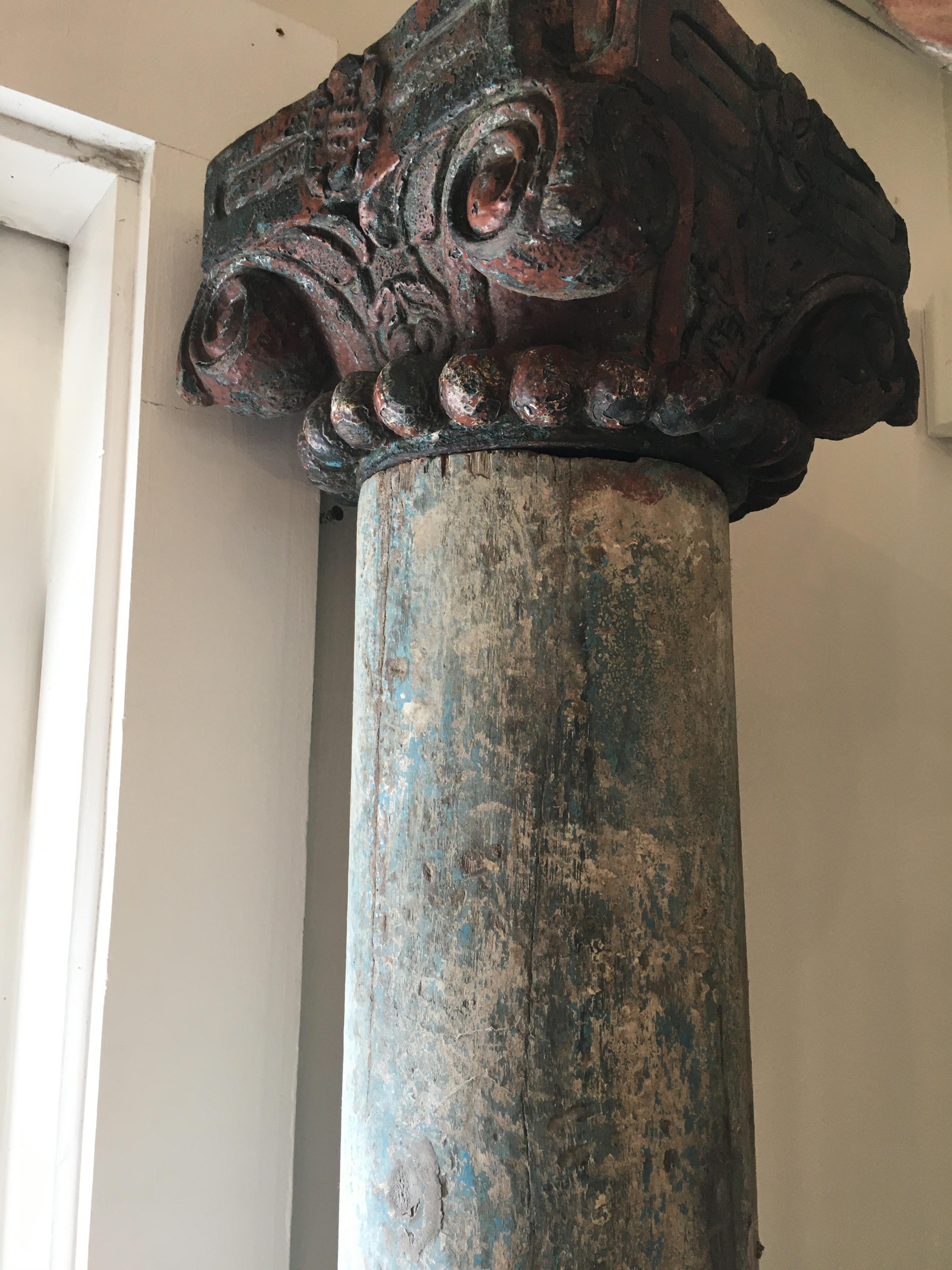Indian Pair of 19th Century, Teak Columns with Original Paint on Stone Bases