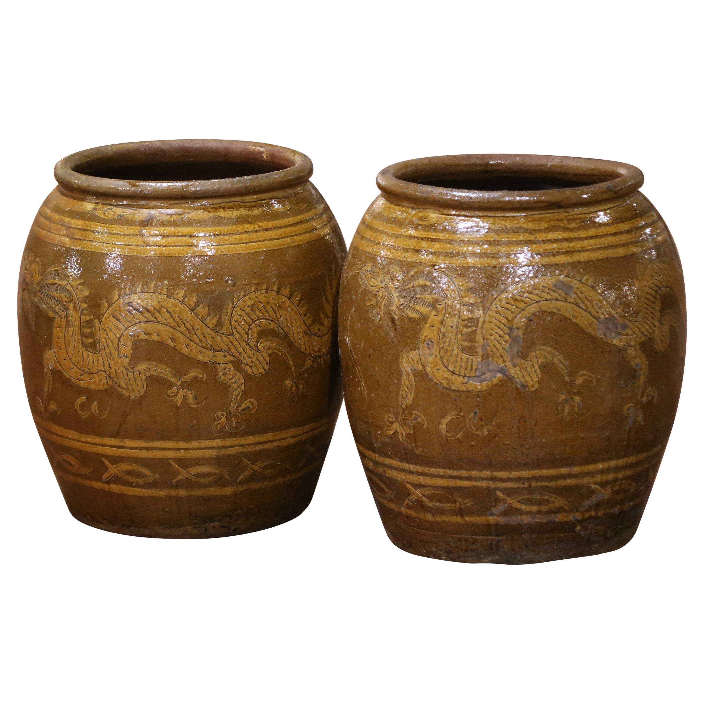 Paire de jarres dragon en faïence émaillée thaïlandaise du 19e C. avec motifs de rayons de soleil
