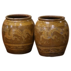 Paire de jarres dragon en faïence émaillée thaïlandaise du 19e C. avec motifs de rayons de soleil