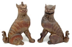 Pair of 19th C. Tibetan Carved Wood  & Polychromed  Foo/ Guardian /Temple Dogs