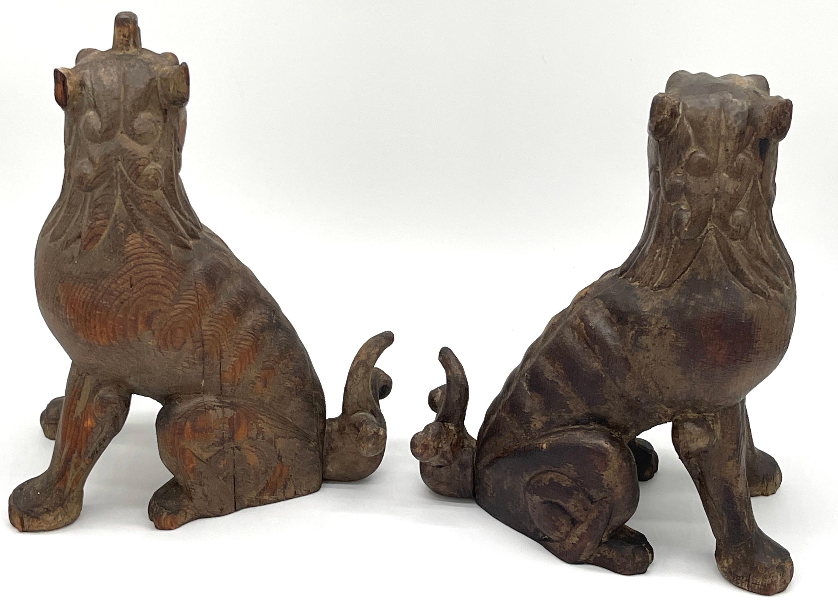 19th Century Pair of 19th C. Tibetan Carved Wood  & Polychromed  Foo/ Guardian /Temple Dogs  For Sale