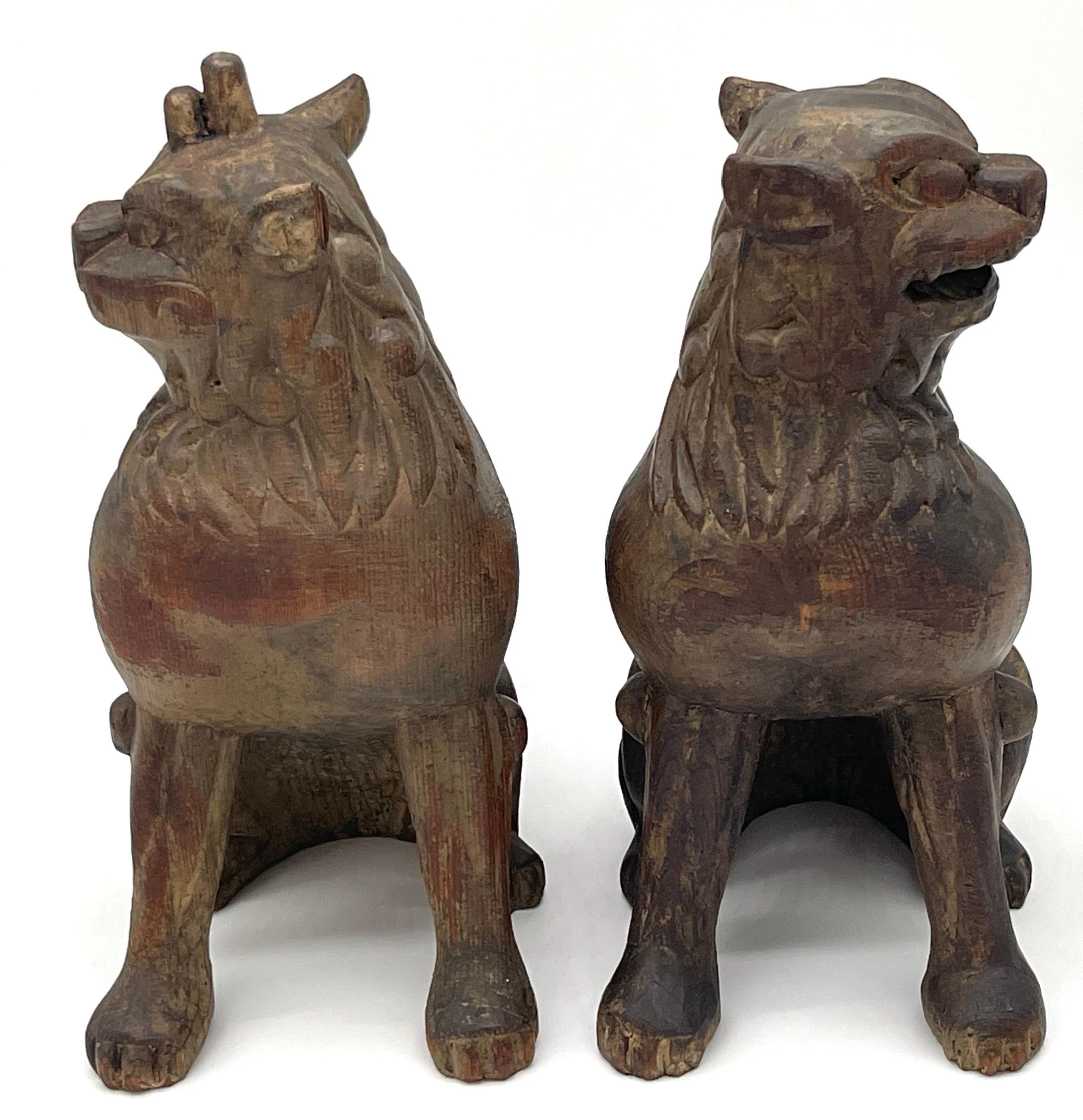 Pair of 19th C. Tibetan Carved Wood  & Polychromed  Foo/ Guardian /Temple Dogs  For Sale 1