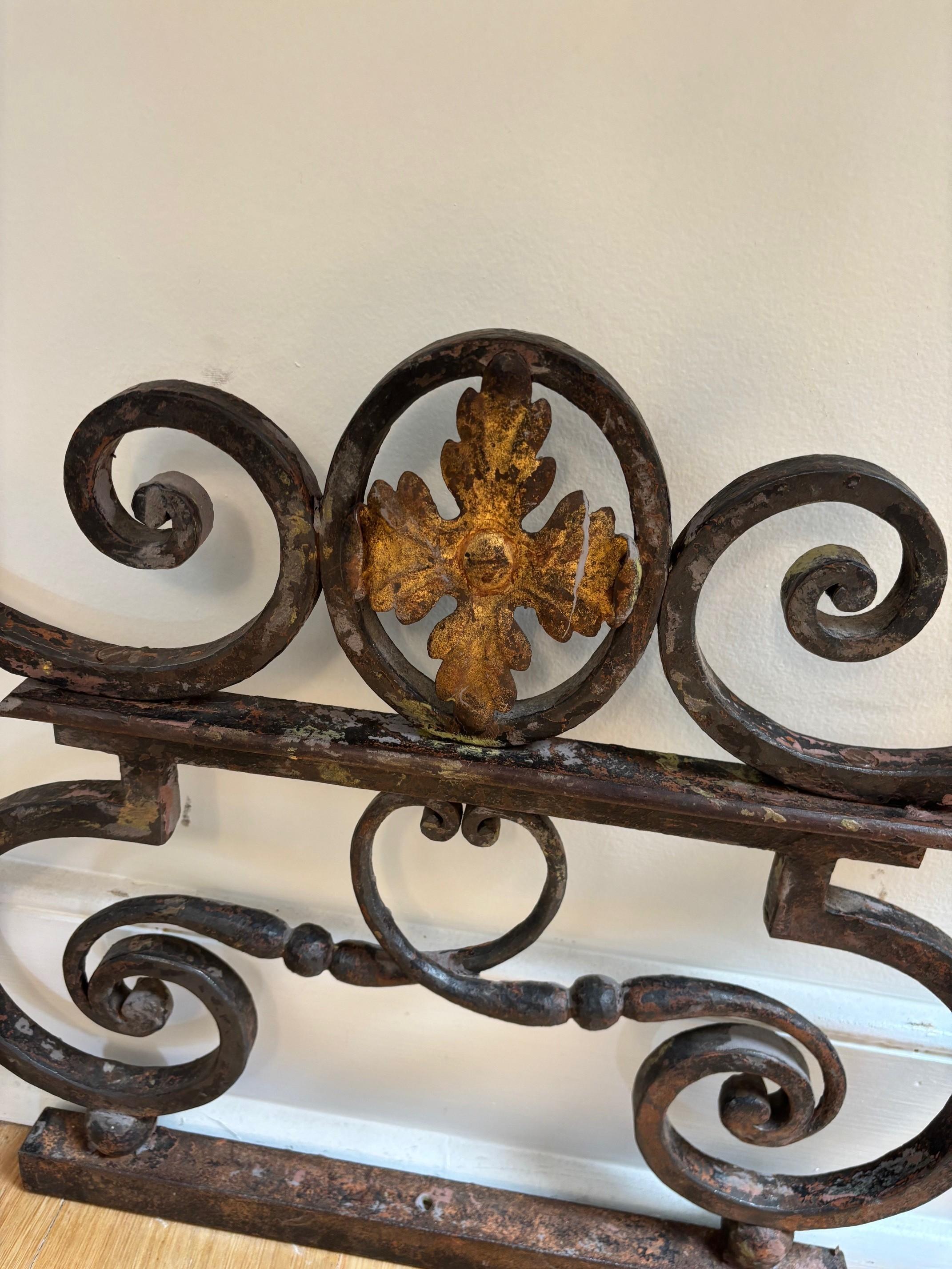 Pair of French Late 19th Century Early 20th Century Scrolled Wrought Iron and Gilt metal Base with White and Green Marble Top Mounted Wall Console, Matching Pair 
Dimensions: 43