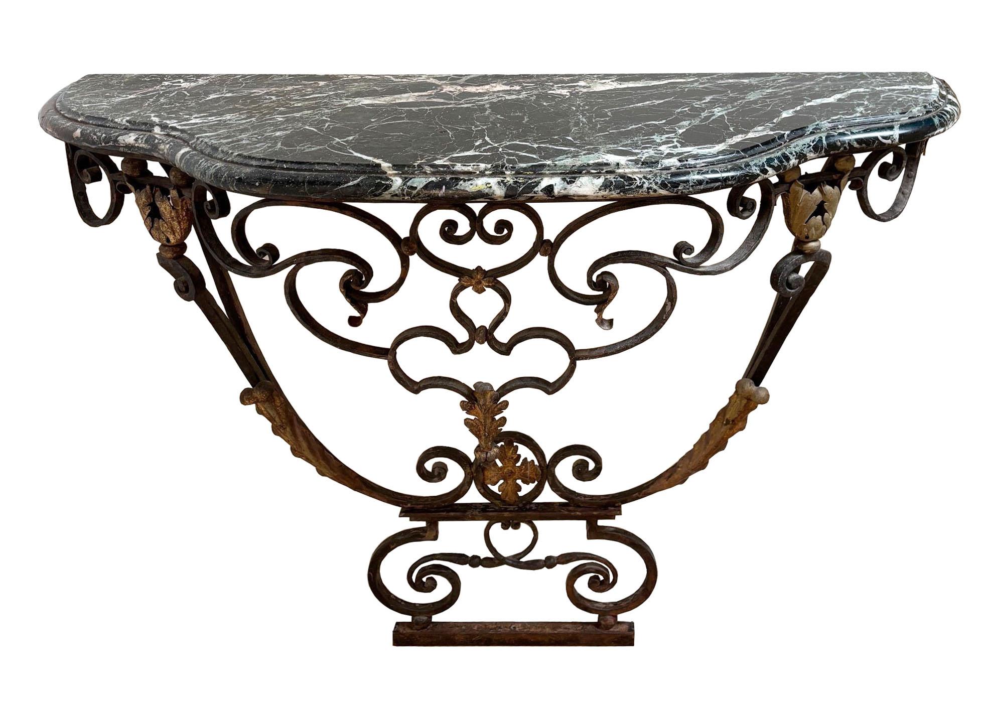Pair of 19th C. Wrought Iron & Gilt Metal Base w/ Green Marble Top Wall Console Fines del siglo XIX en venta