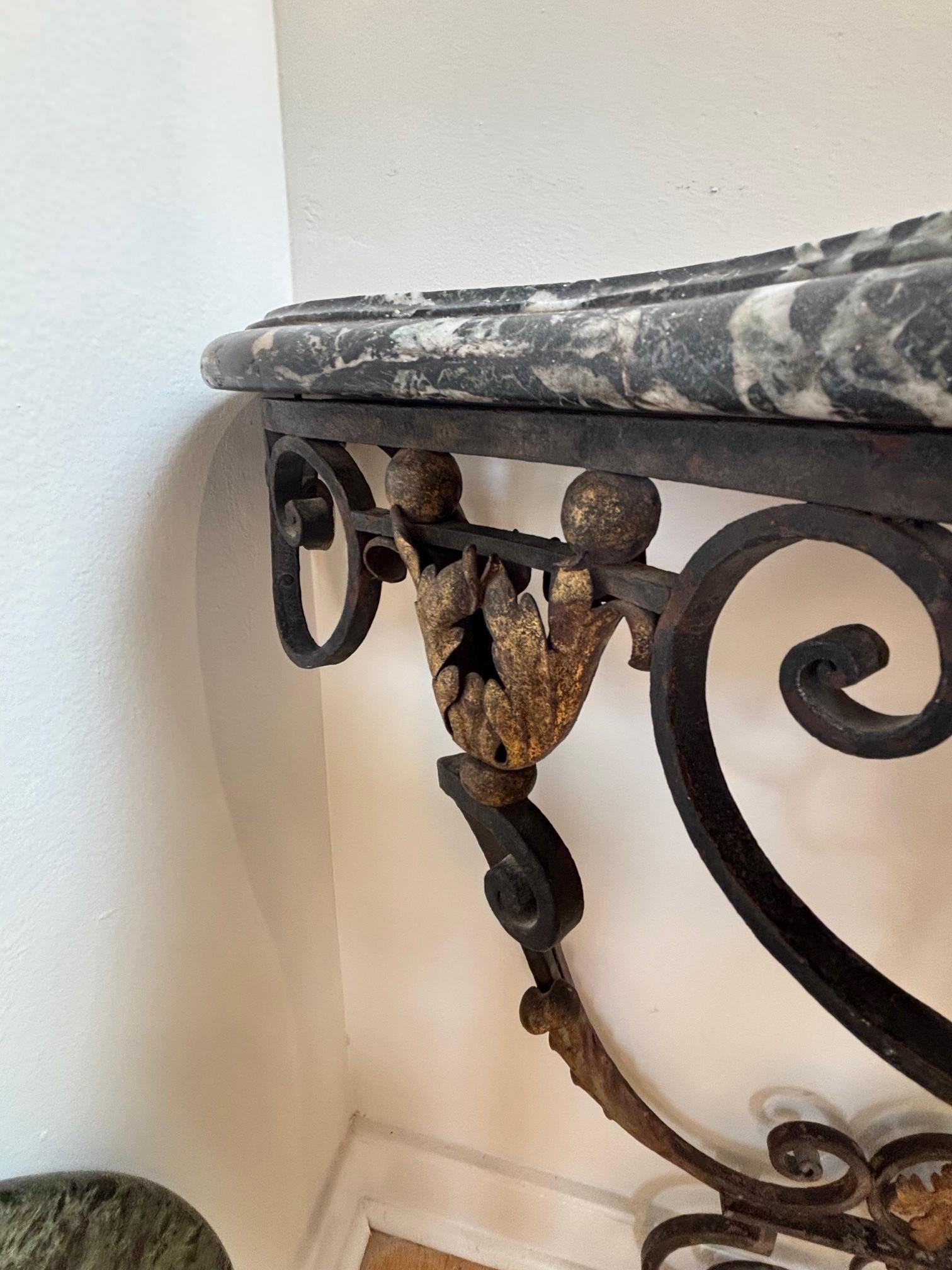 Pair of 19th C. Wrought Iron & Gilt Metal Base w/ Green Marble Top Wall Console en venta 2