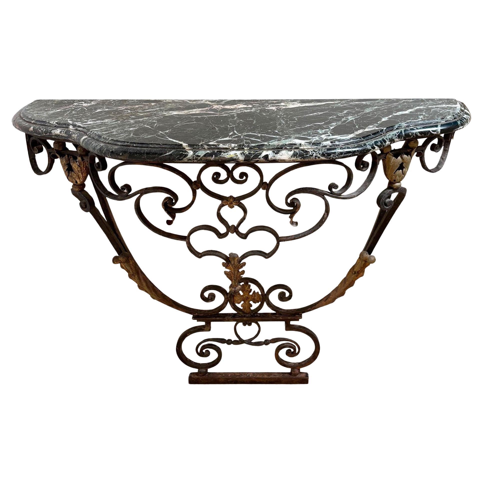 Pair of 19th C. Wrought Iron & Gilt Metal Base w/ Green Marble Top Wall Console en venta