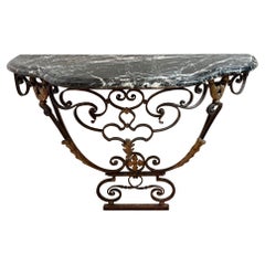 Pair of 19th C. Wrought Iron & Gilt Metal Base w/ Green Marble Top Wall Console