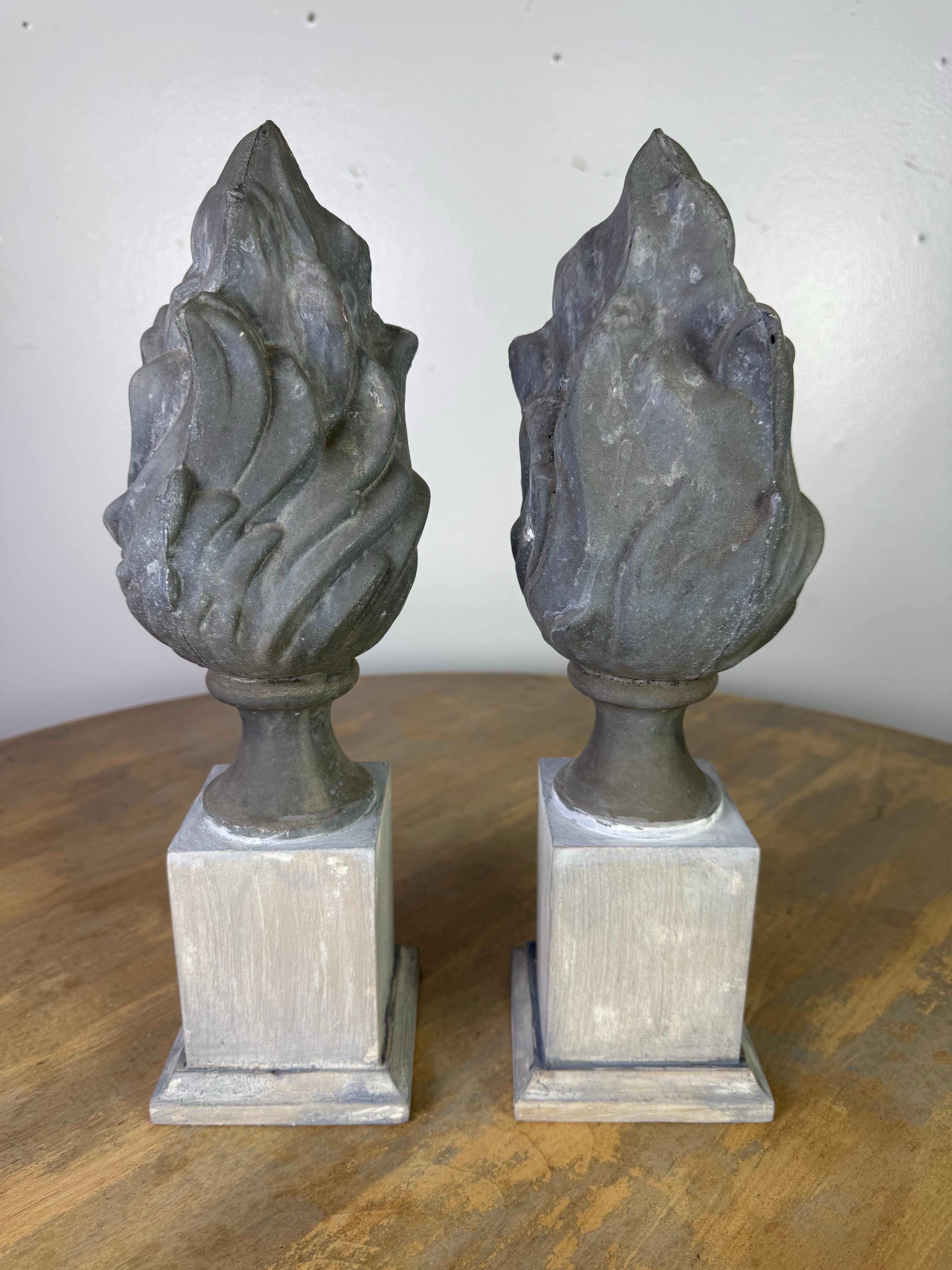 Classical Roman Pair of 19th C. Zinc Flames on Wood Bases For Sale