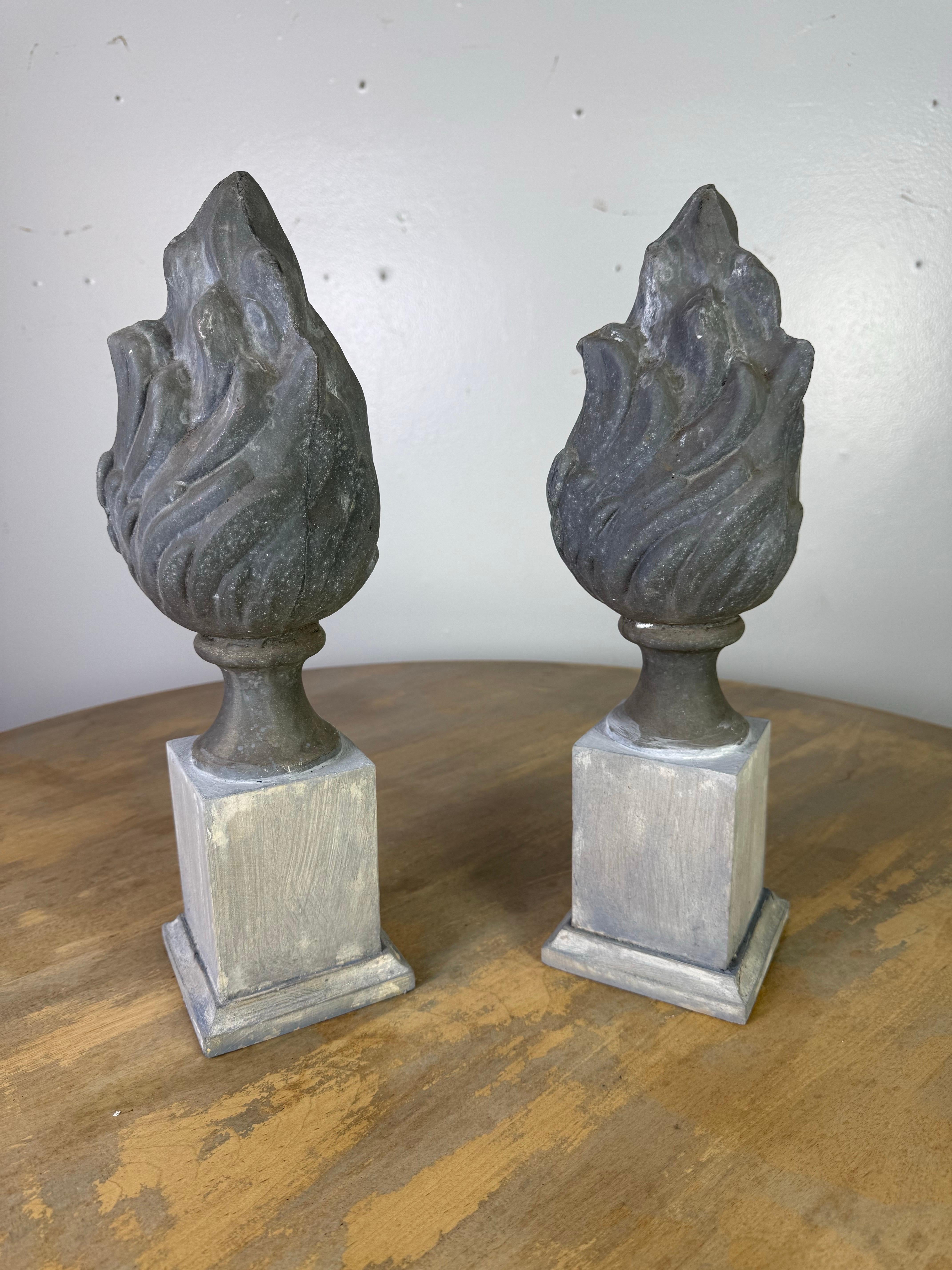 Italian Pair of 19th C. Zinc Flames on Wood Bases For Sale