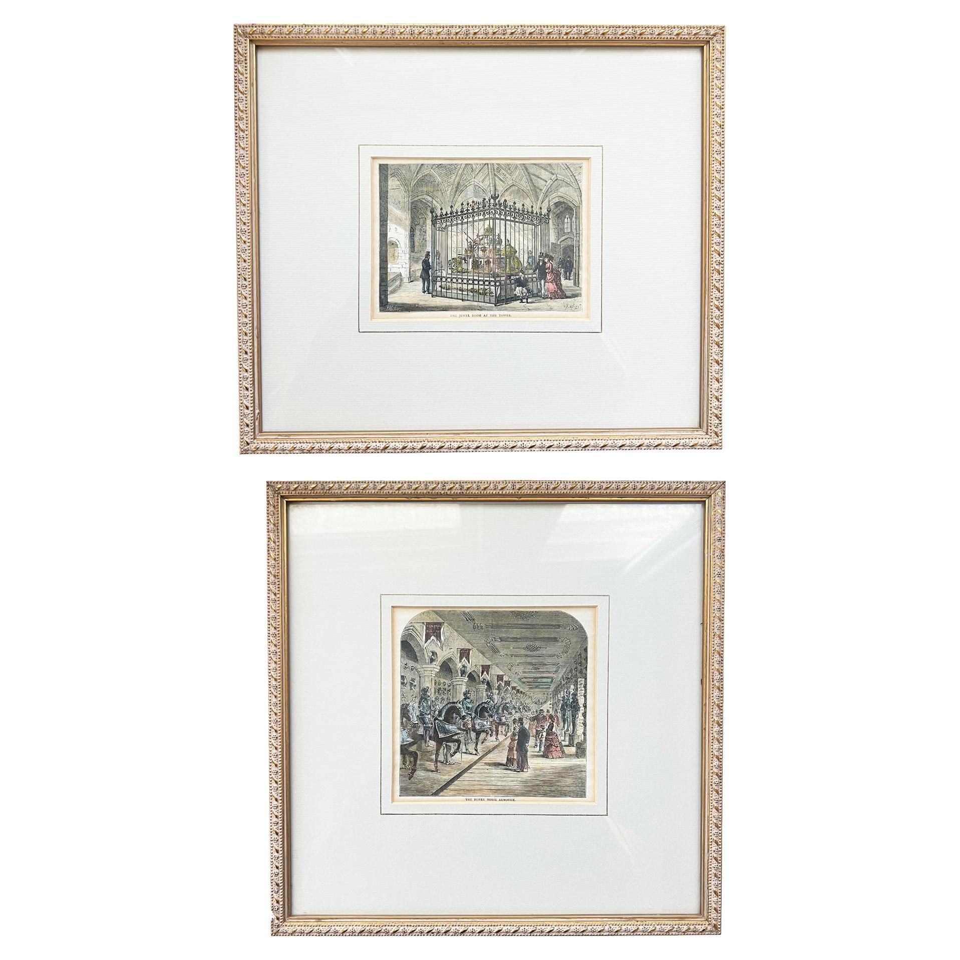 Paar handkolorierte Stiche aus dem 19. Jahrhundert Tower of London Waffenkammer und Juwelenzimmer im Angebot