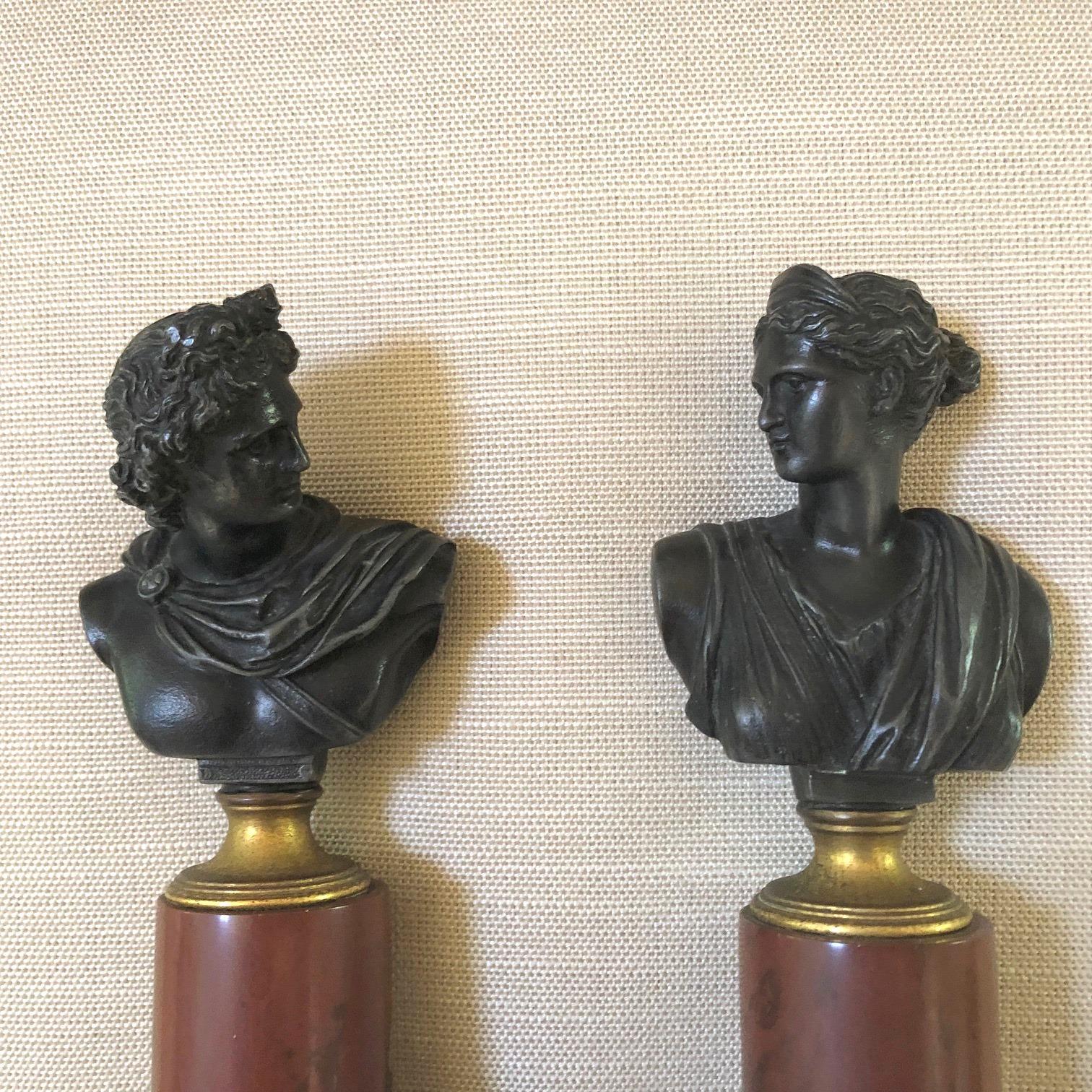 Neoclassical Pair of 19th cent. Diana & Apollo Bronze Busts on Rouge Marble Mounts For Sale