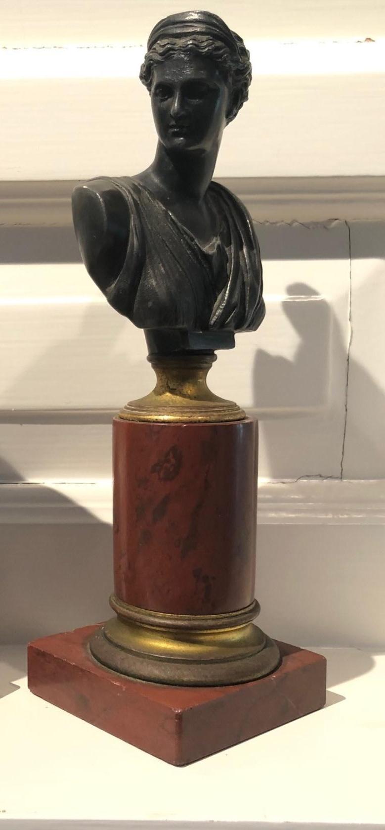 German Pair of 19th cent. Diana & Apollo Bronze Busts on Rouge Marble Mounts For Sale