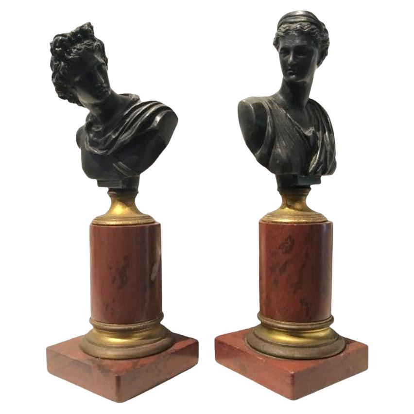 Pair of 19th cent. Diana & Apollo Bronze Busts on Rouge Marble Mounts