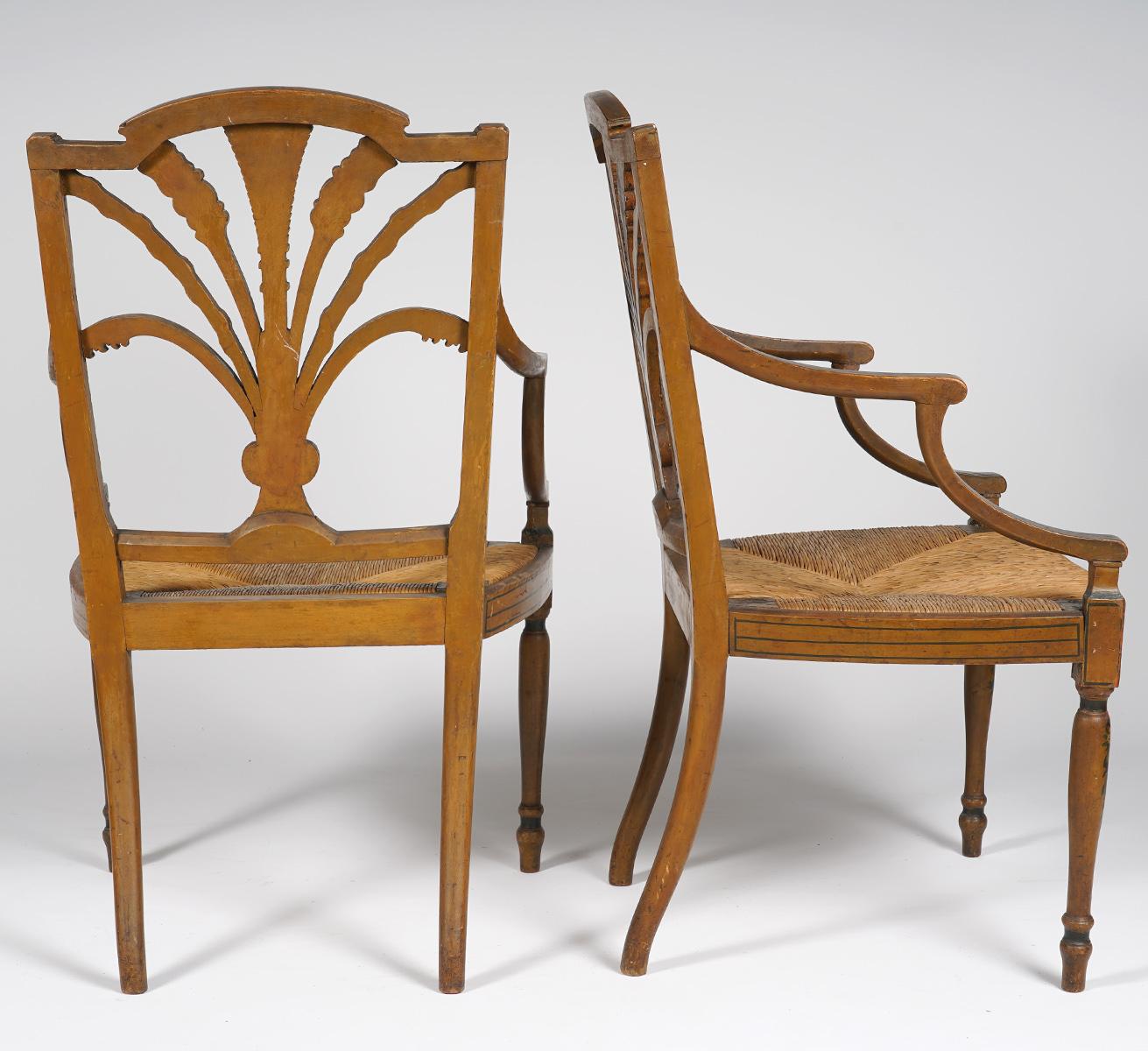 Pair of English Regency Carved and Paint Decorated Rush Seat Armchairs In Good Condition In Ft. Lauderdale, FL