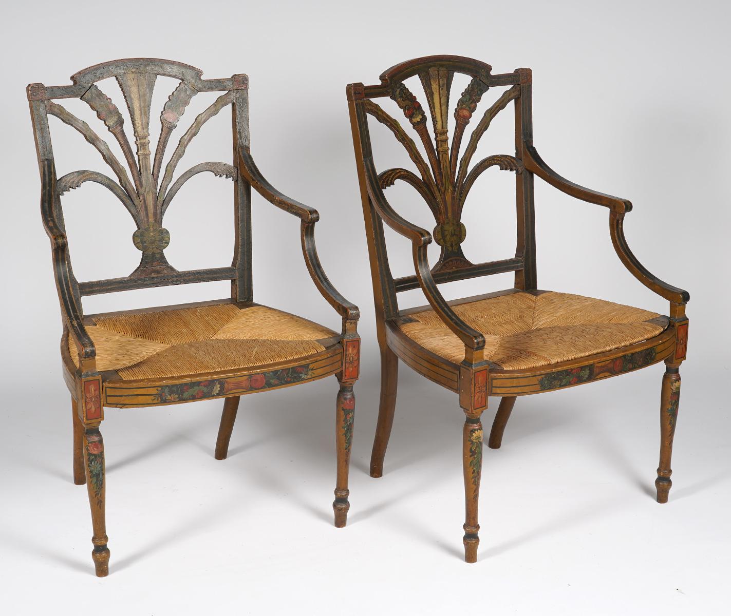 19th Century Pair of English Regency Carved and Paint Decorated Rush Seat Armchairs