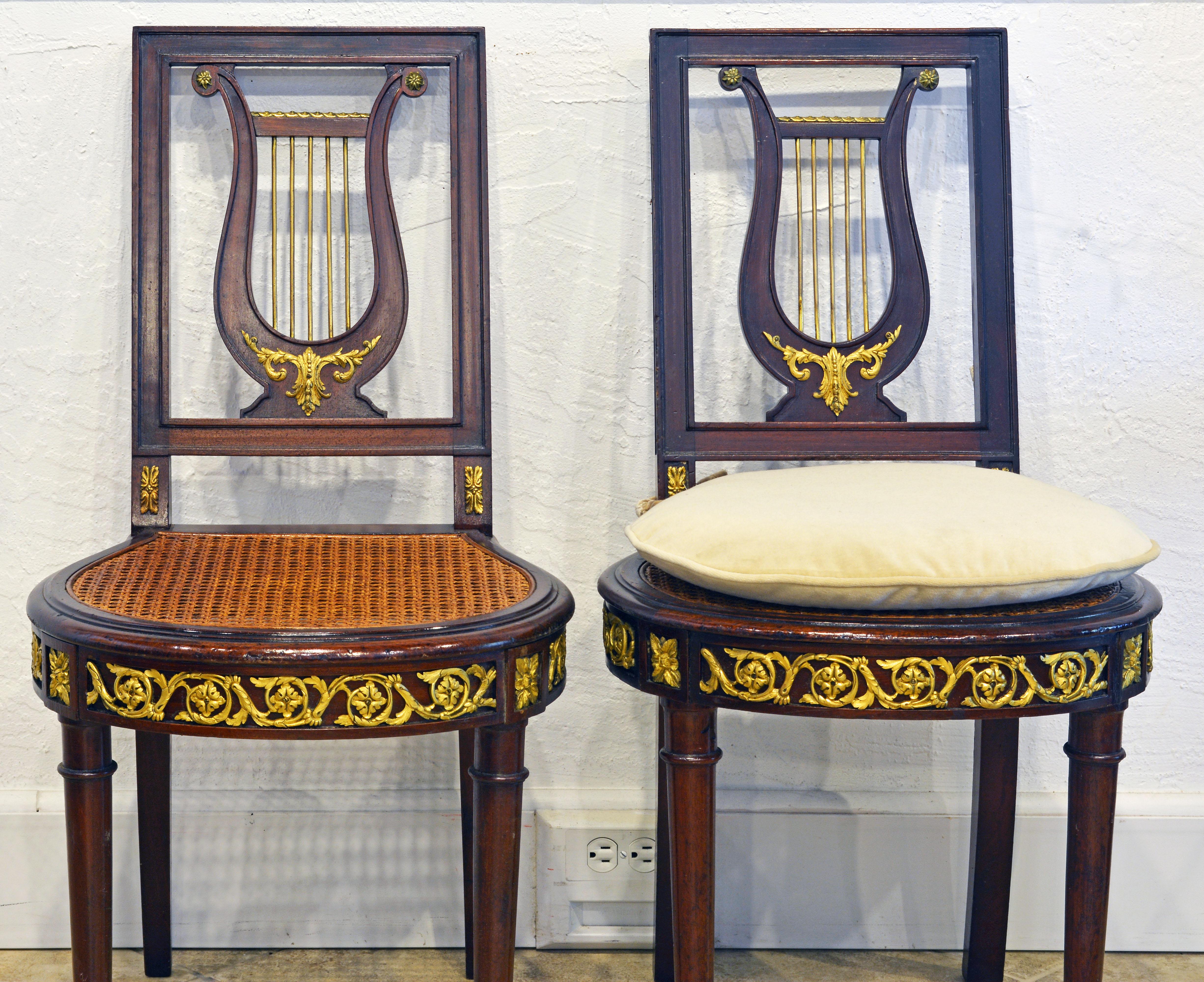 Gilt Pair of 19th Century French Neoclassical Ormolu Mounted Lyre Back Side Chairs