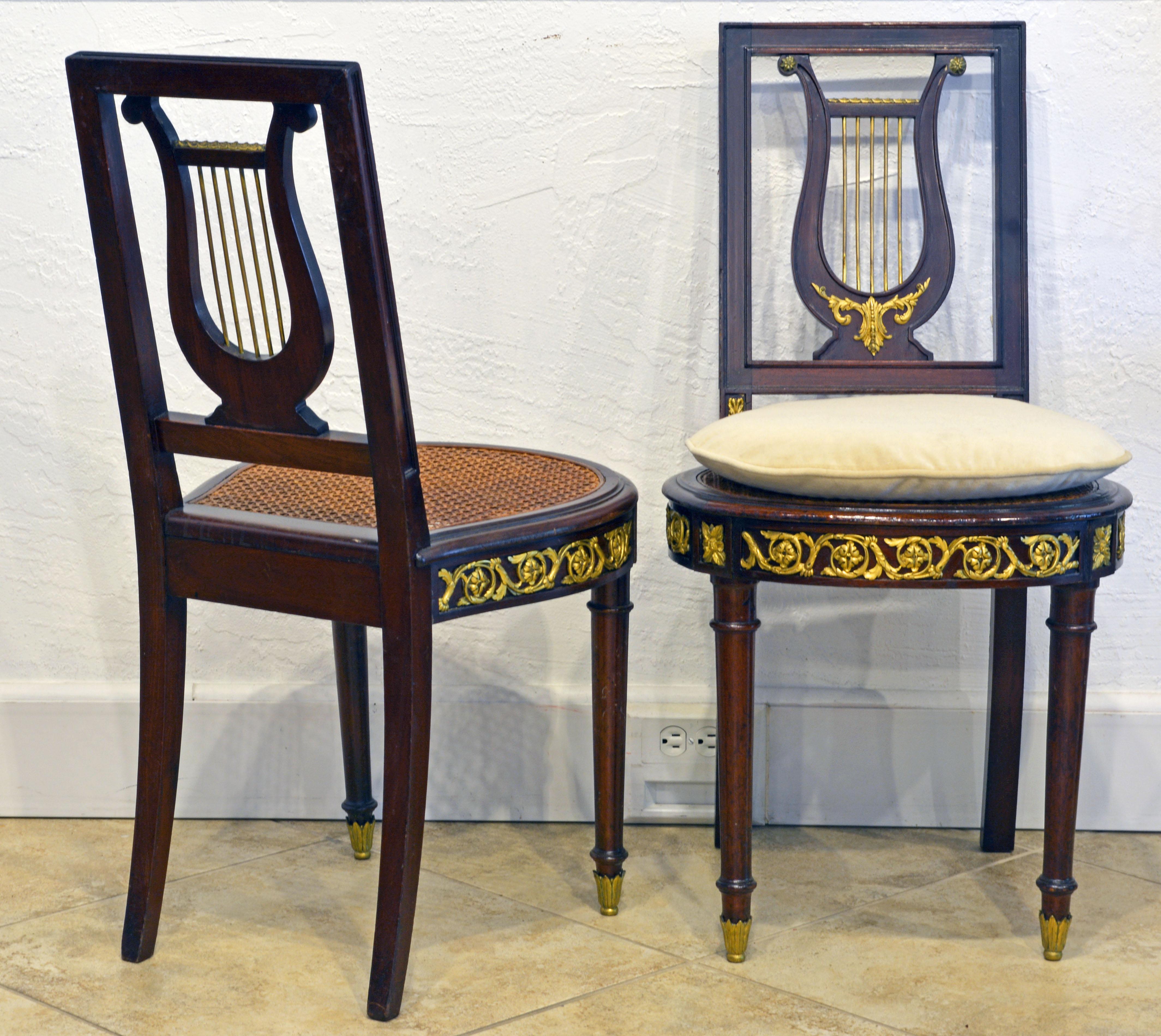 Pair of 19th Century French Neoclassical Ormolu Mounted Lyre Back Side Chairs In Good Condition In Ft. Lauderdale, FL