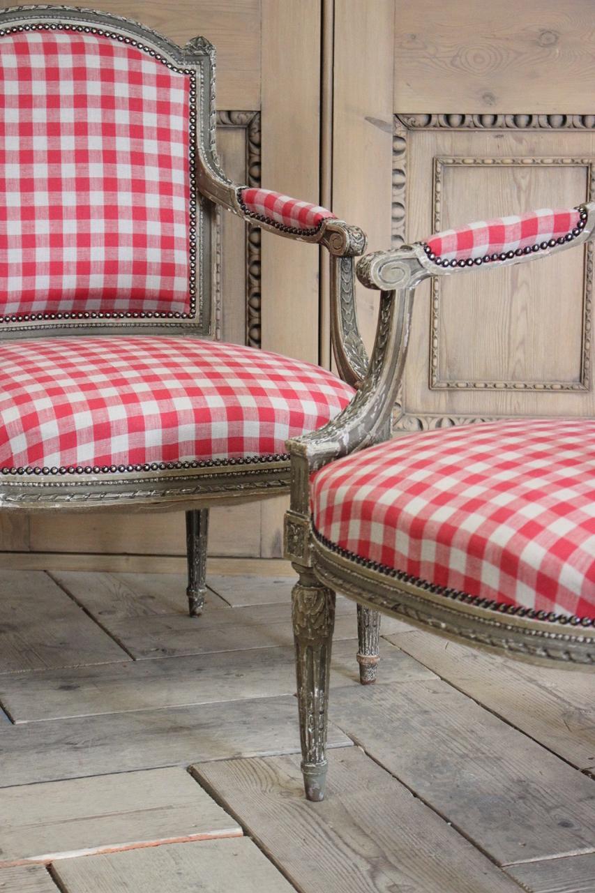 Late 19th Century Pair of 19th Century French Painted Fauteuils in the Louis XVI Taste For Sale