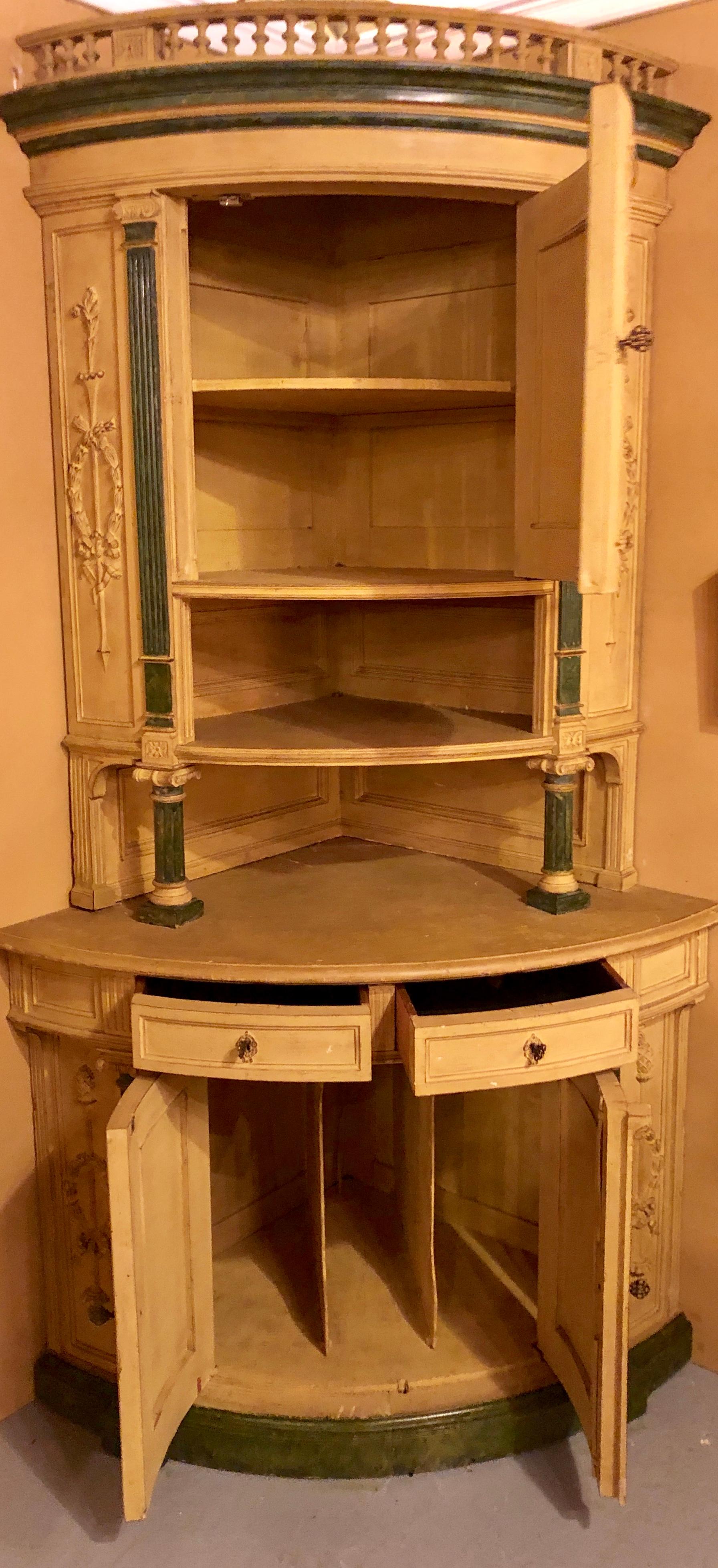 Pair of 19th Cent Monumental Paint Decorated Corner Cabinets Faux Marble Columns In Good Condition In Stamford, CT