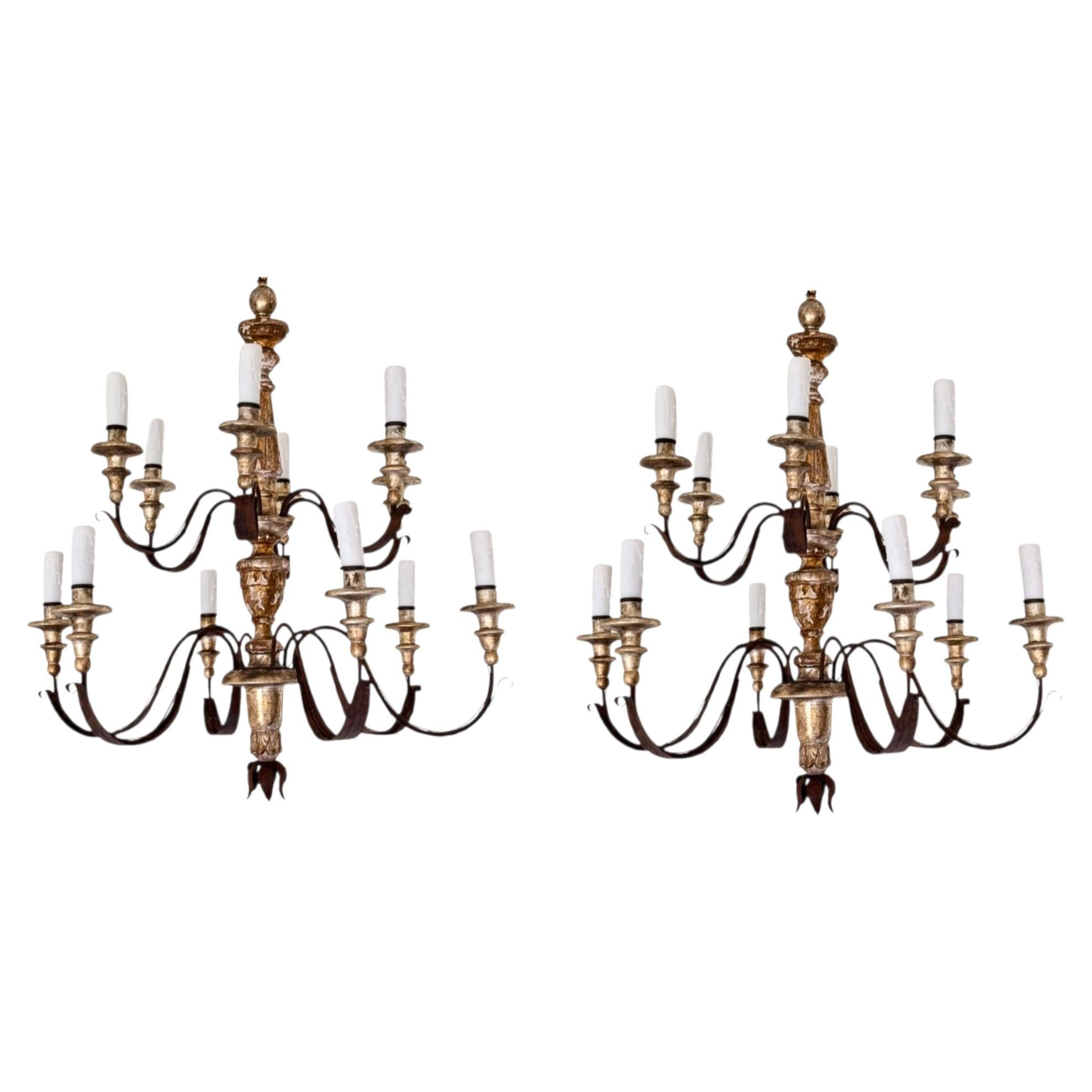 Pair of 19th Century 12 Lite Tuscan Silverleaf Chandeliers