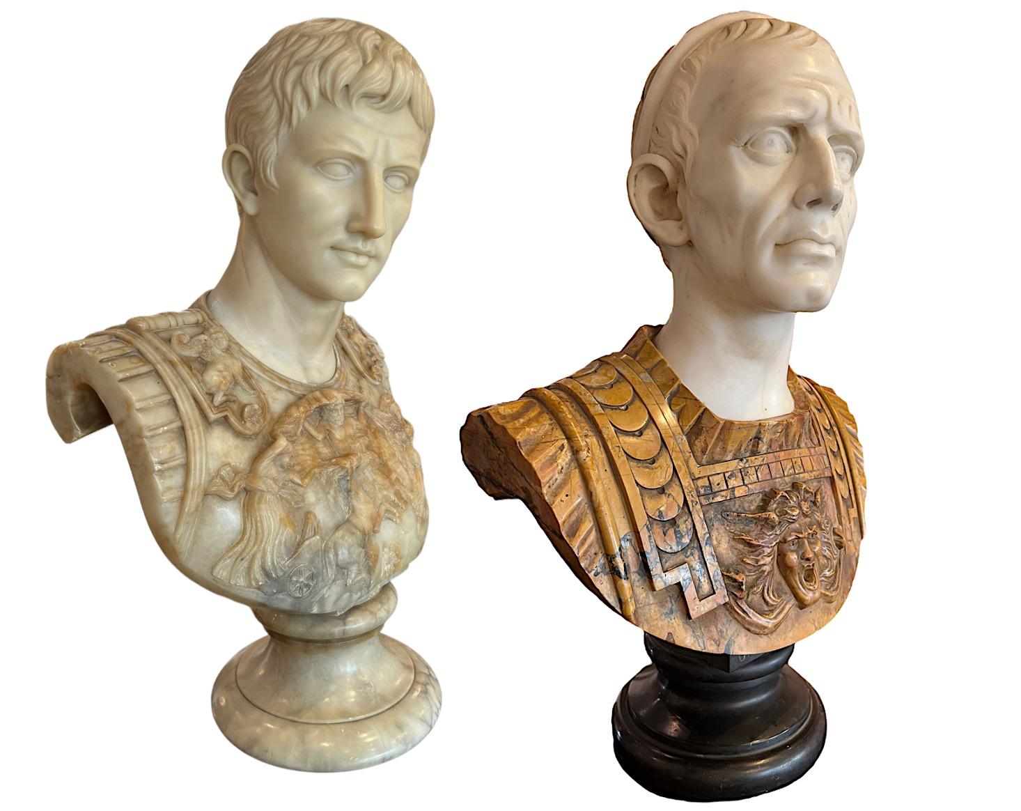 A pair 19th century (1850s) (Grand Tour) Italian carved multi-marble busts of Augustus of Prima Porta and Julius Cesar. These extremely fine and detailed busts display a richly carved marble armor with wonderful intricacy. These powerful and