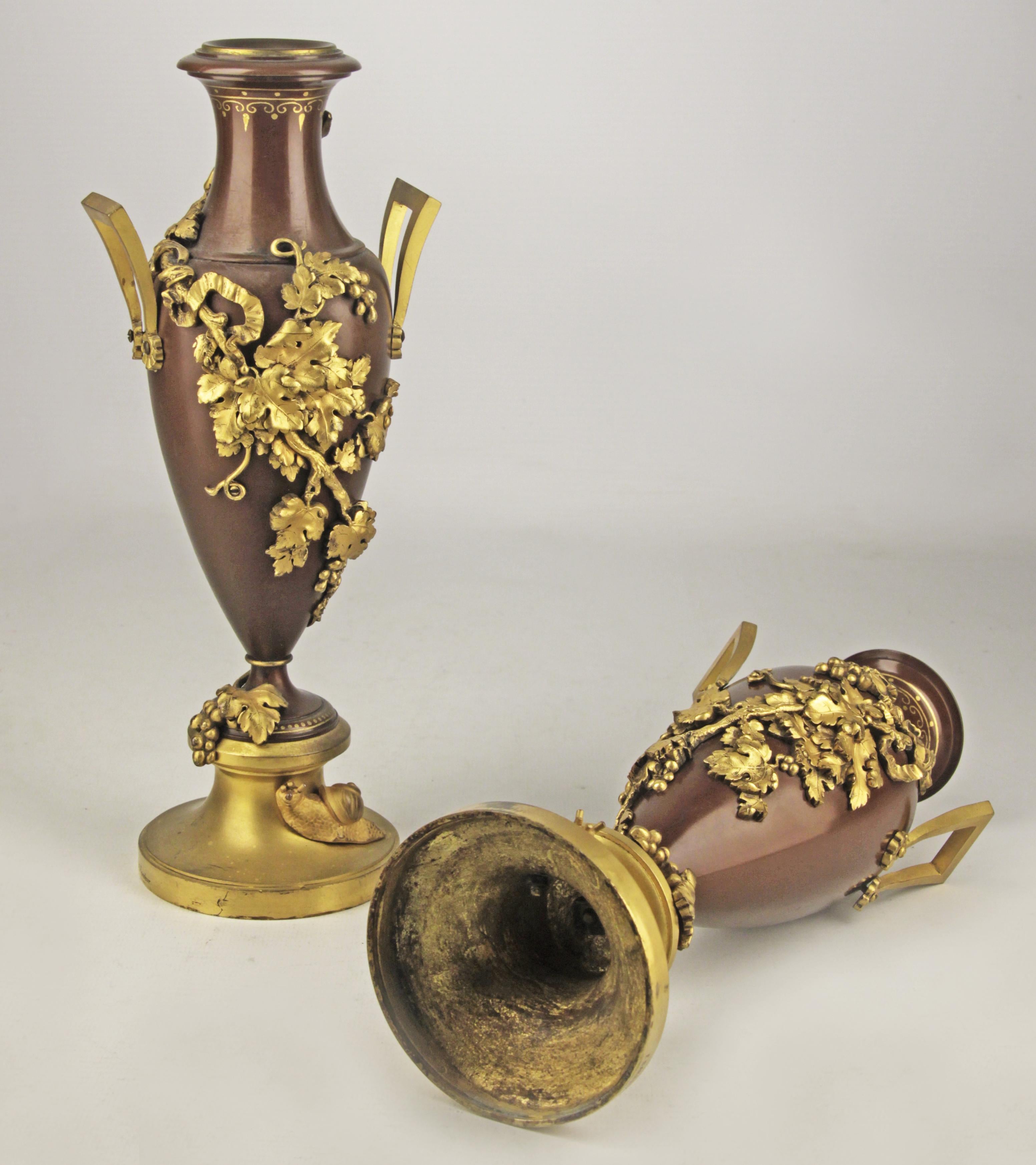 Pair of 19th century/2nd Empire bronze decorative amphorae by Ferdinand Barbedienne

By: Ferdinand Barbedienne
Material: bronze, metal, copper
Technique: forged, gilt, metalwork, molded, patinated, cast
Dimensions: 4 in x 10 in
Date: late 19th